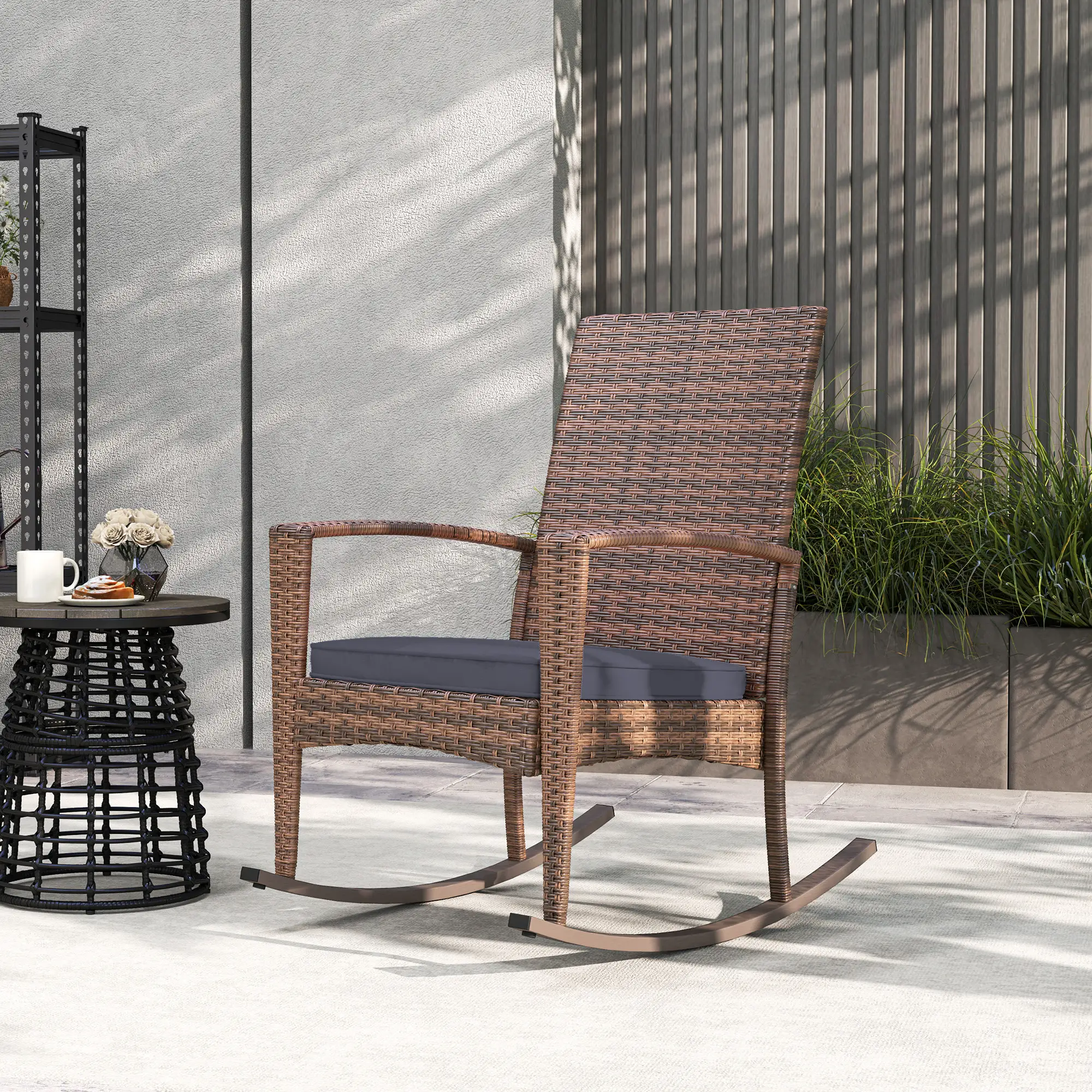 PE Rattan Rocking Chair, Garden Glider, Wicker Patio Chair, Dark Blue - Image 2