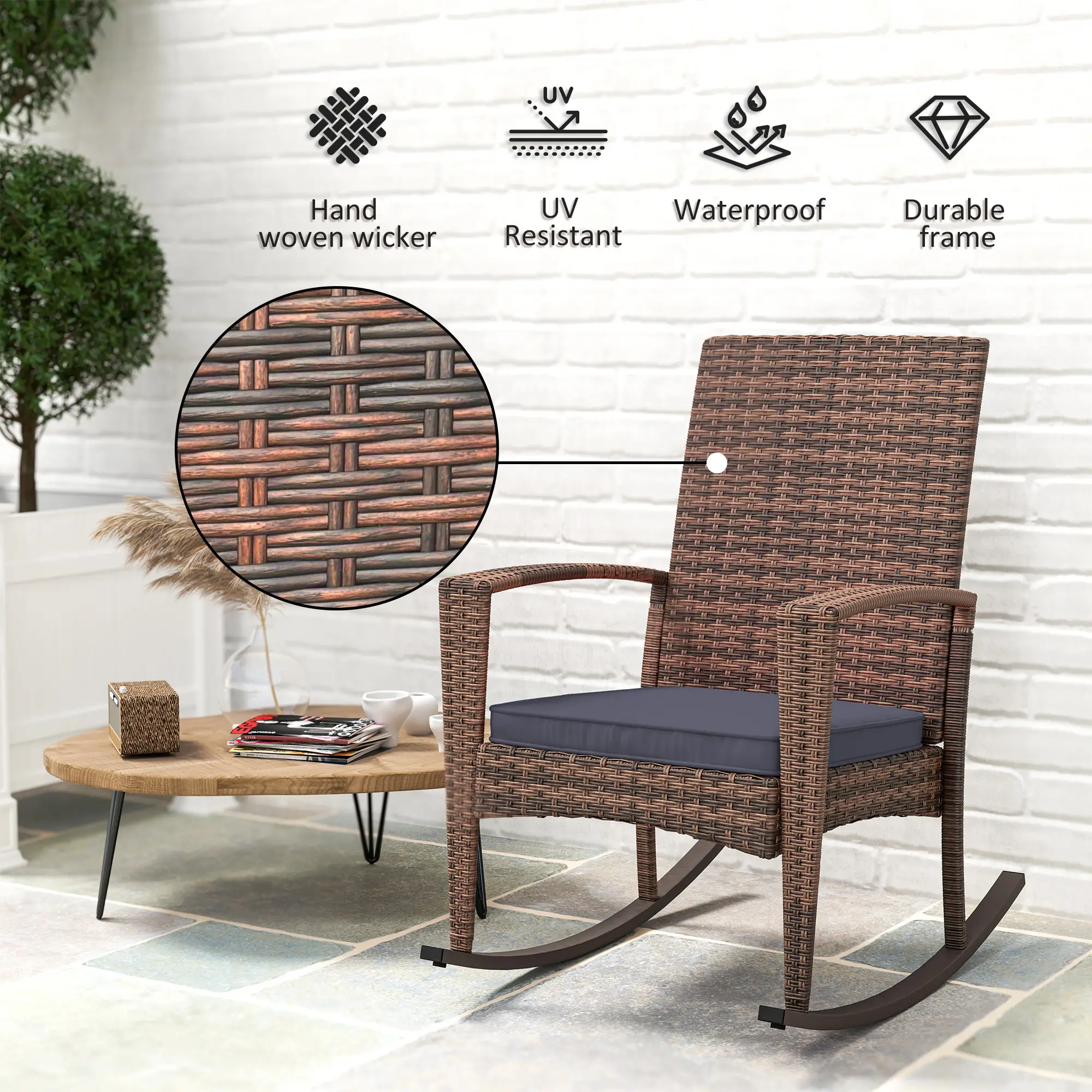 PE Rattan Rocking Chair, Garden Glider, Wicker Patio Chair, Dark Blue - Image 4