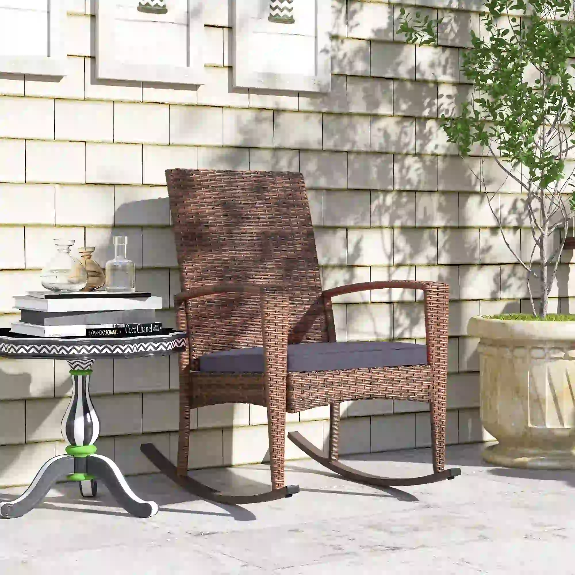 PE Rattan Rocking Chair, Garden Glider, Wicker Patio Chair, Dark Blue - Image 9
