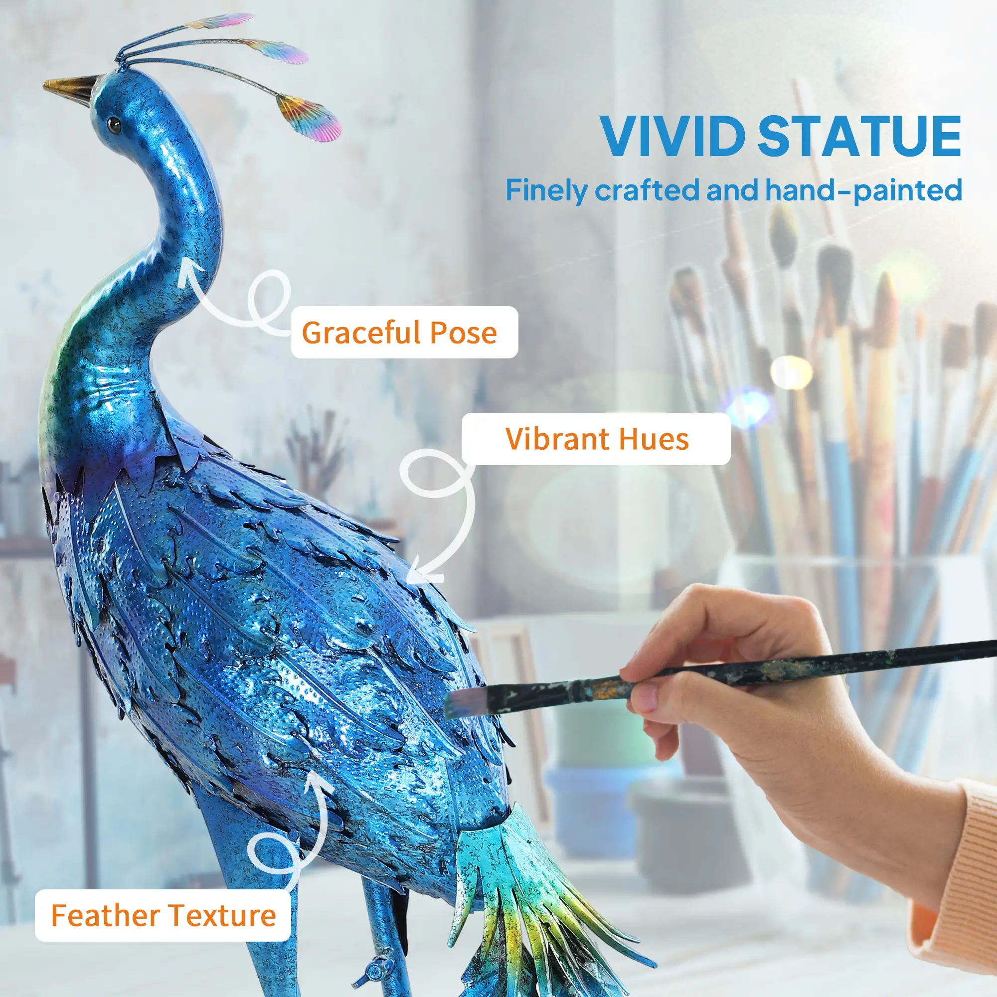 Peacock Garden Statue, 32.7" Navy Blue, Lawn Ornament Bird Statue With Stakes, Navy Blue - Image 4