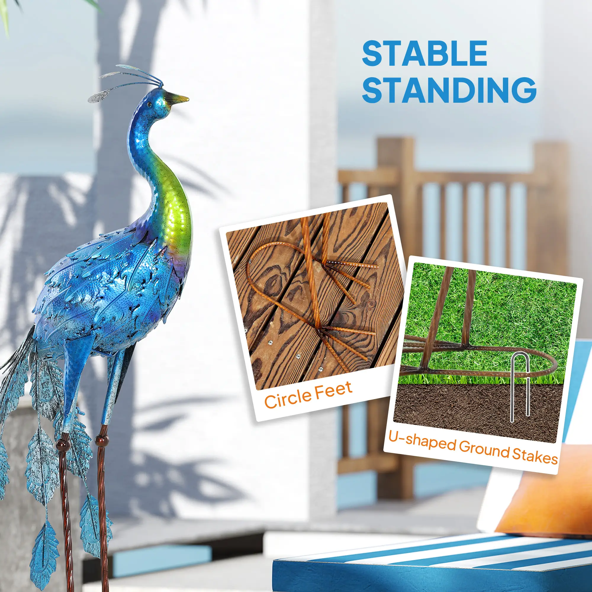 Peacock Garden Statue, 32.7" Navy Blue, Lawn Ornament Bird Statue With Stakes, Navy Blue - Image 6
