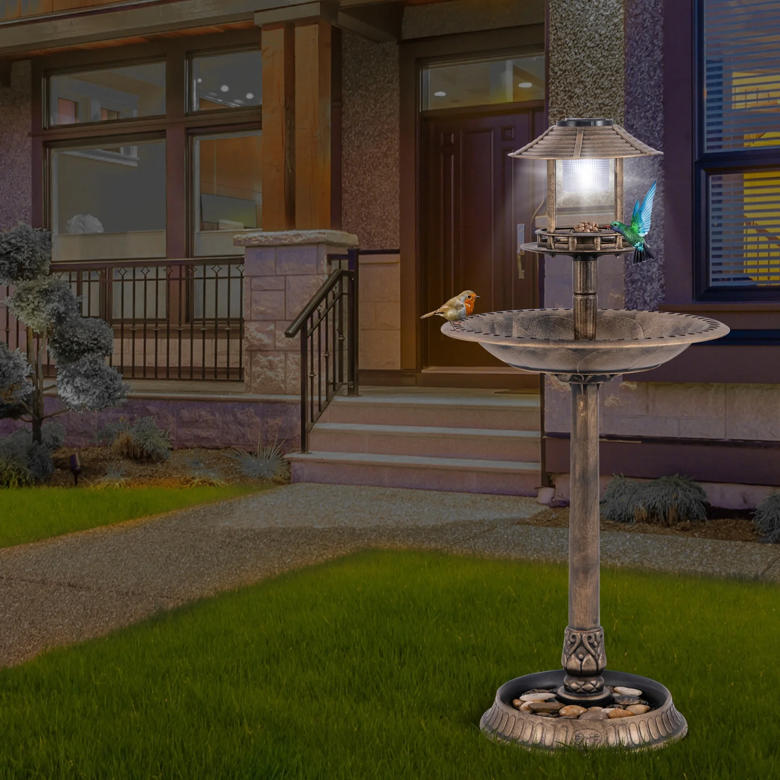 Pedestal Bird Bath With Solar Light, Feeder, Planter, Bronze - Image 2