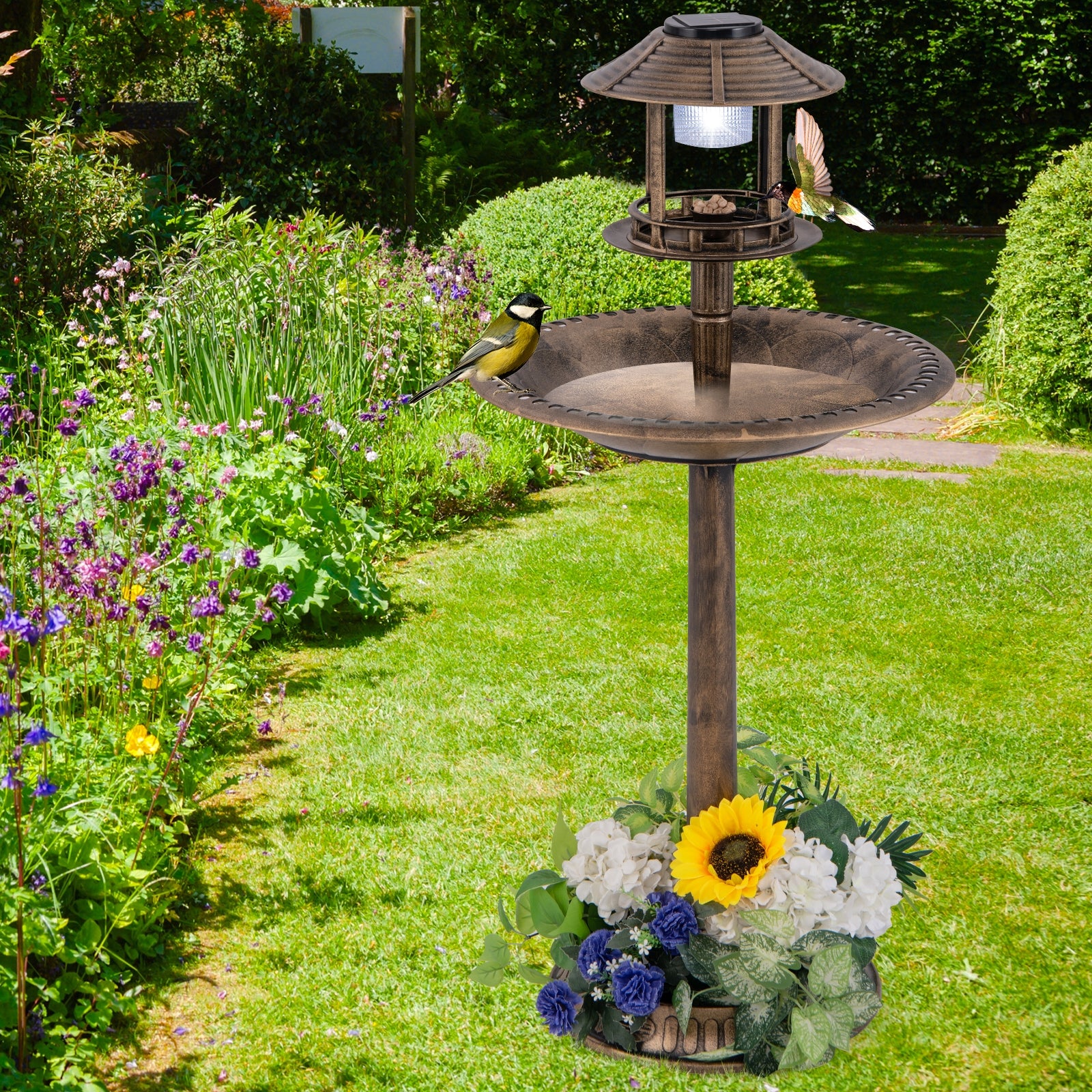 Pedestal Bird Bath With Solar Light, Feeder, Planter, Bronze - Image 3