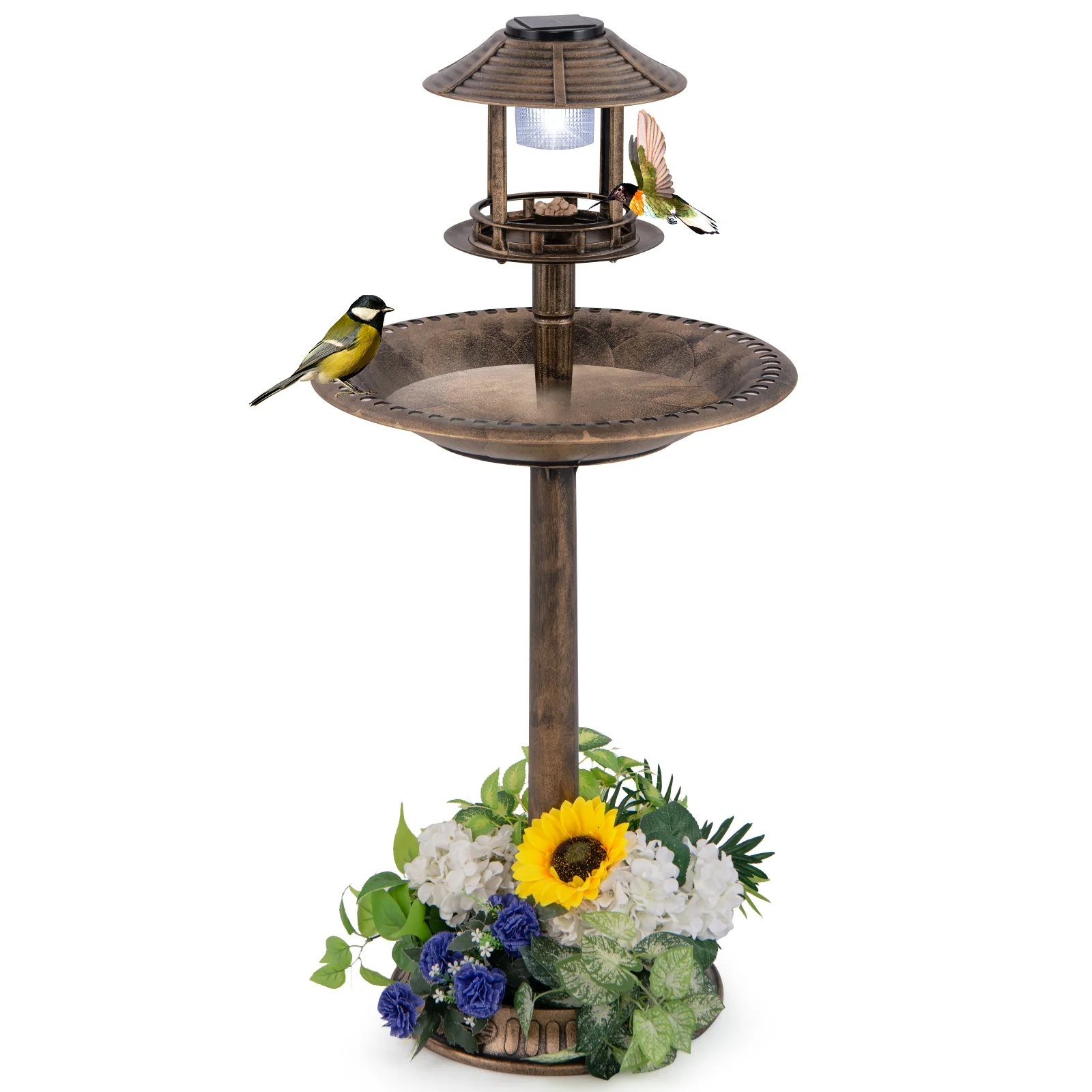 Pedestal Bird Bath With Solar Light, Feeder, Planter, Bronze - Image 4