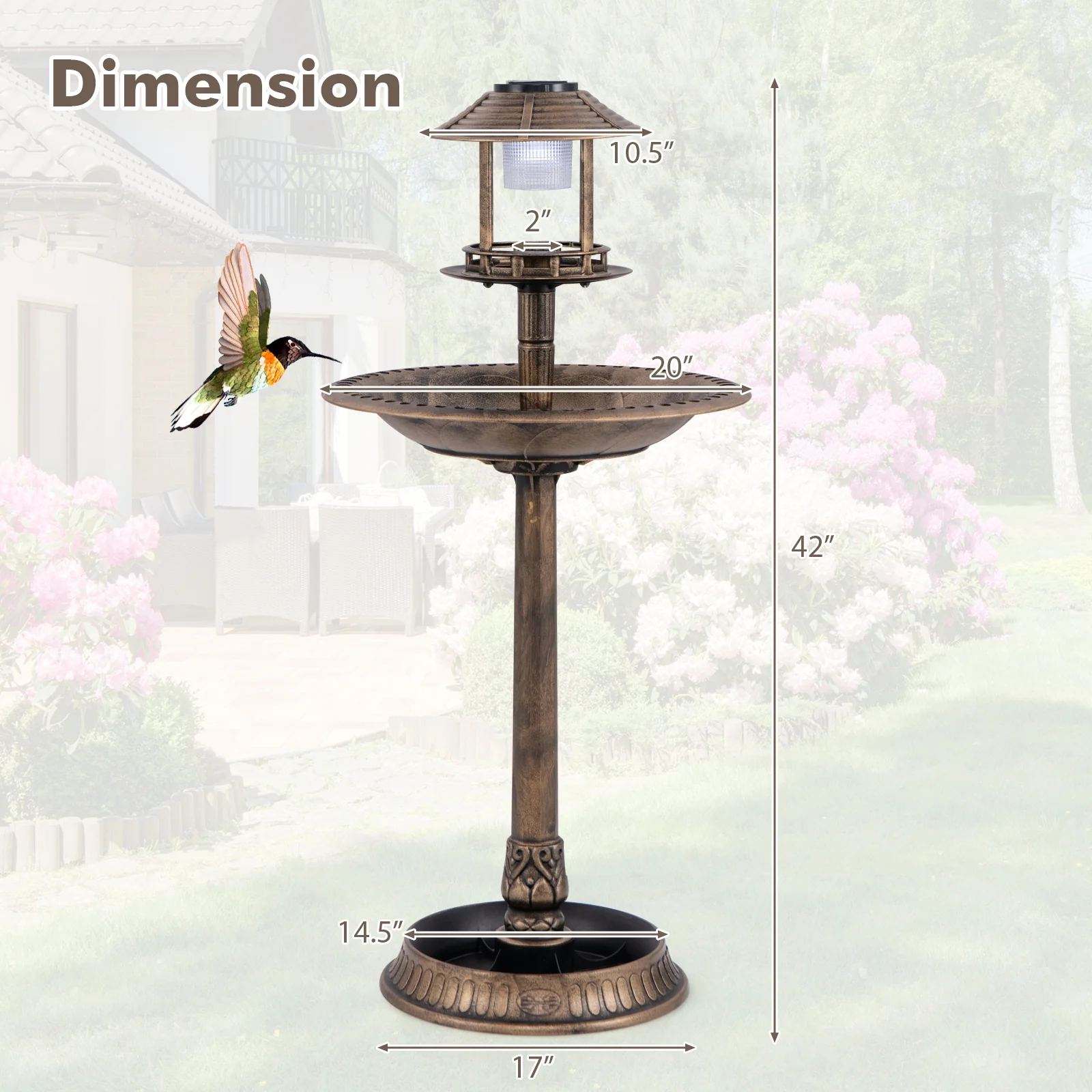 Pedestal Bird Bath With Solar Light, Feeder, Planter, Bronze - Image 5