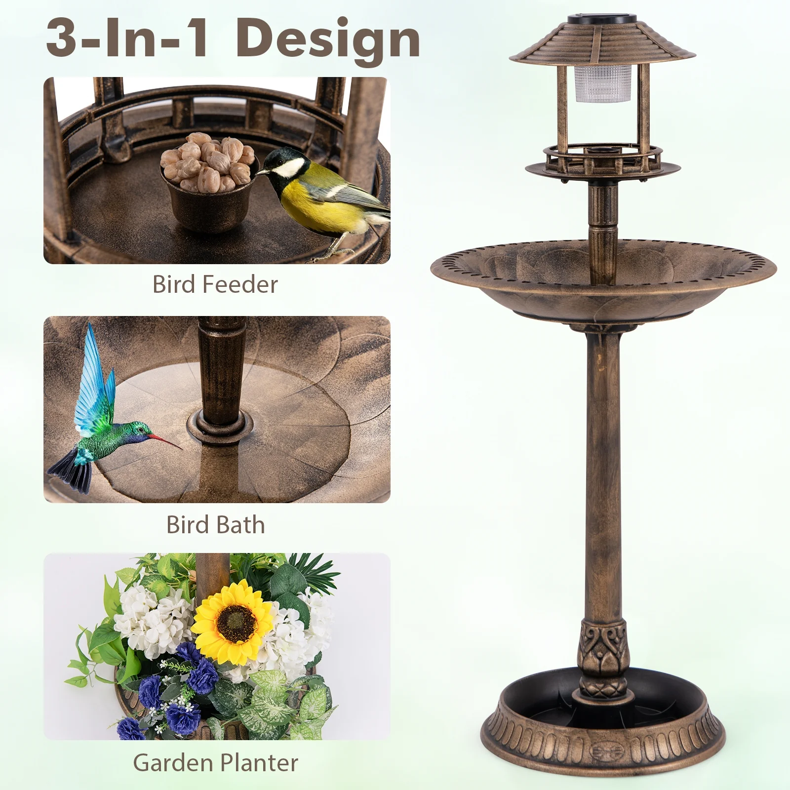 Pedestal Bird Bath With Solar Light, Feeder, Planter, Bronze - Image 6