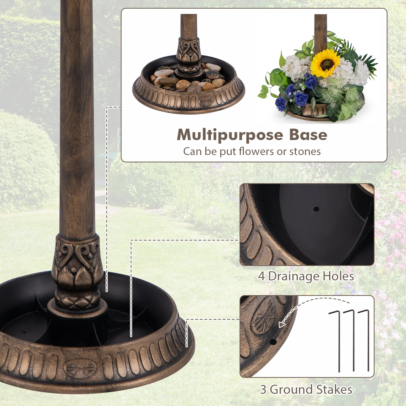 Pedestal Bird Bath With Solar Light, Feeder, Planter, Bronze - Image 7