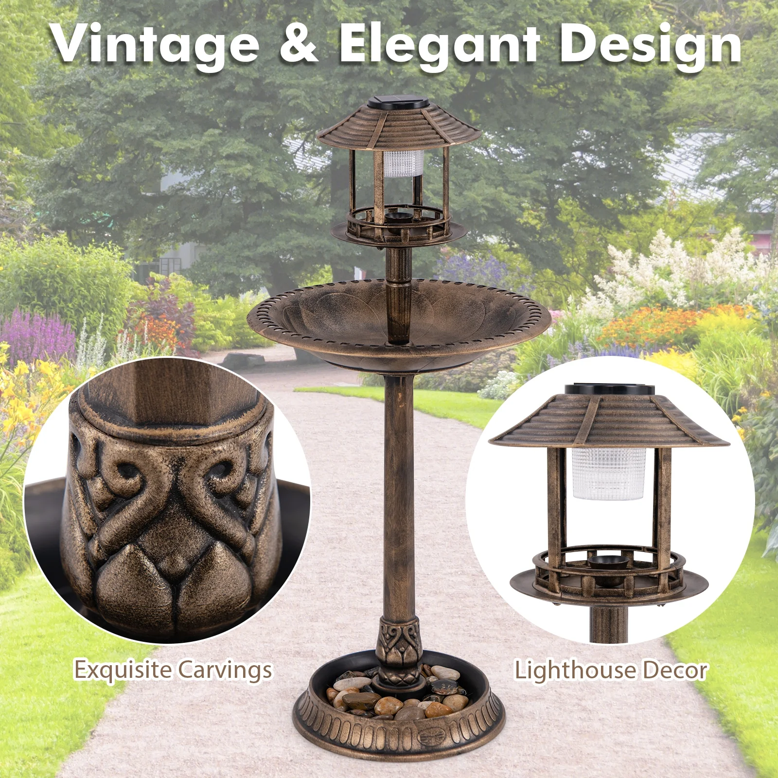 Pedestal Bird Bath With Solar Light, Feeder, Planter, Bronze - Image 9