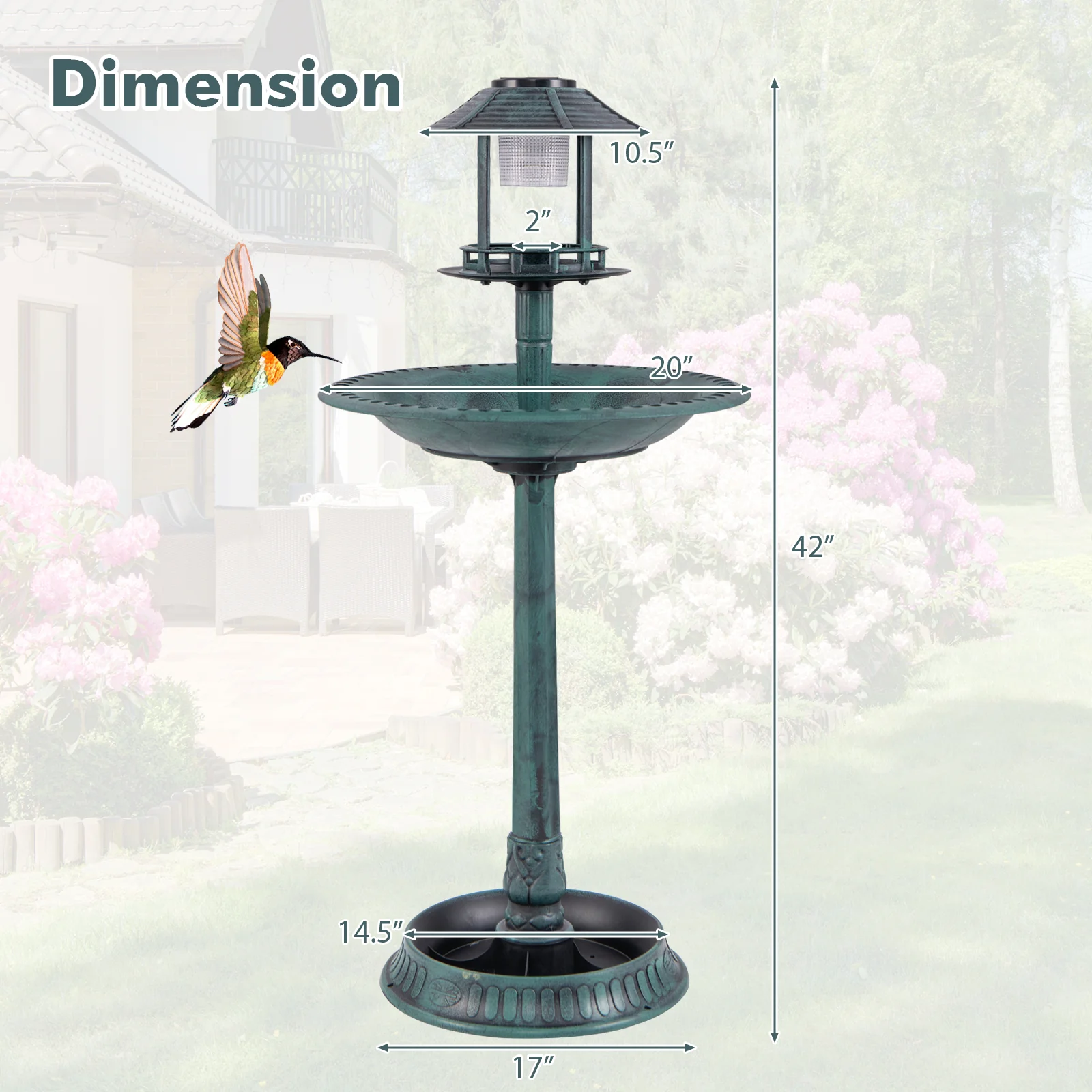 Pedestal Bird Bath With Solar Light, Feeder, Planter, Green - Image 5