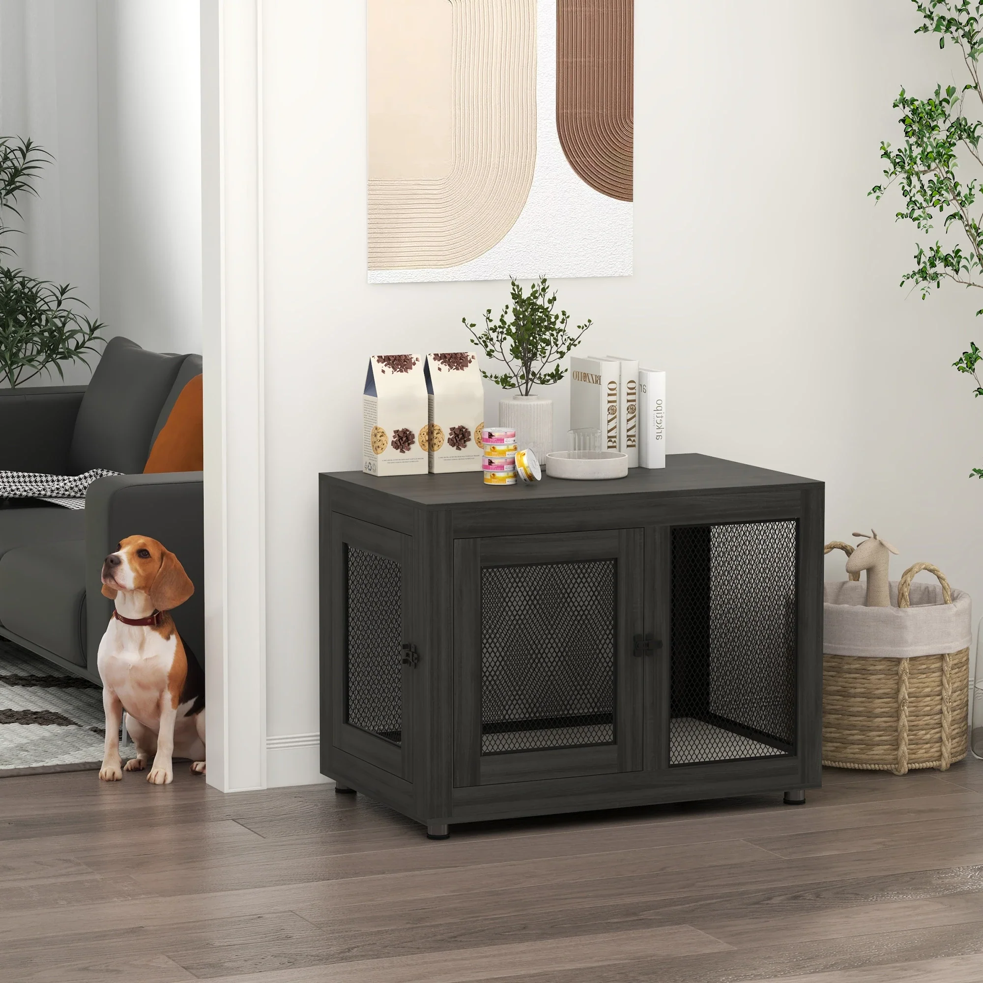 Pet Crate End Table, Water-resistant Cushion, Large Medium Dogs, Black - Image 2