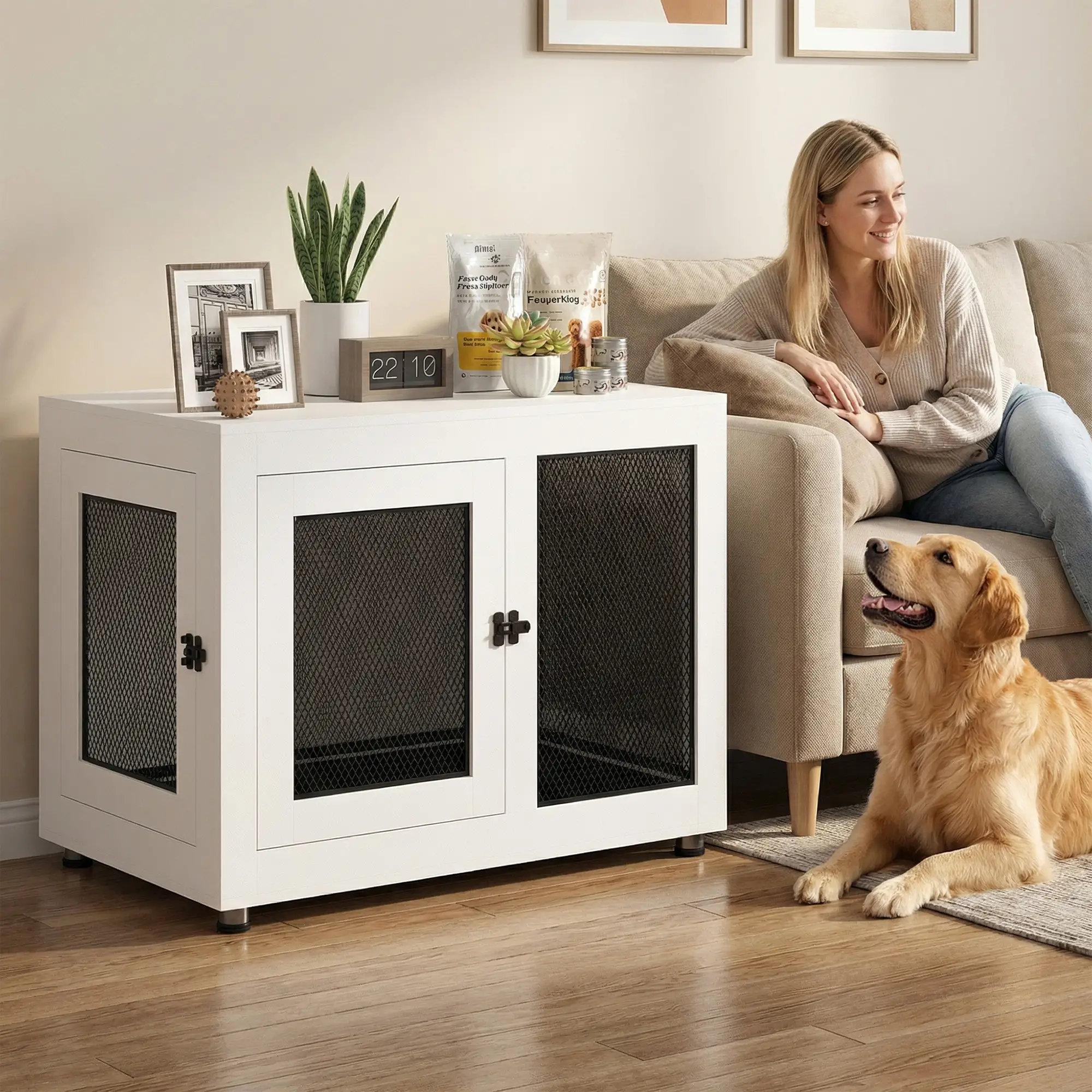 Pet Crate End Table, Water-resistant Cushion, Large Medium Dogs, White - Image 2
