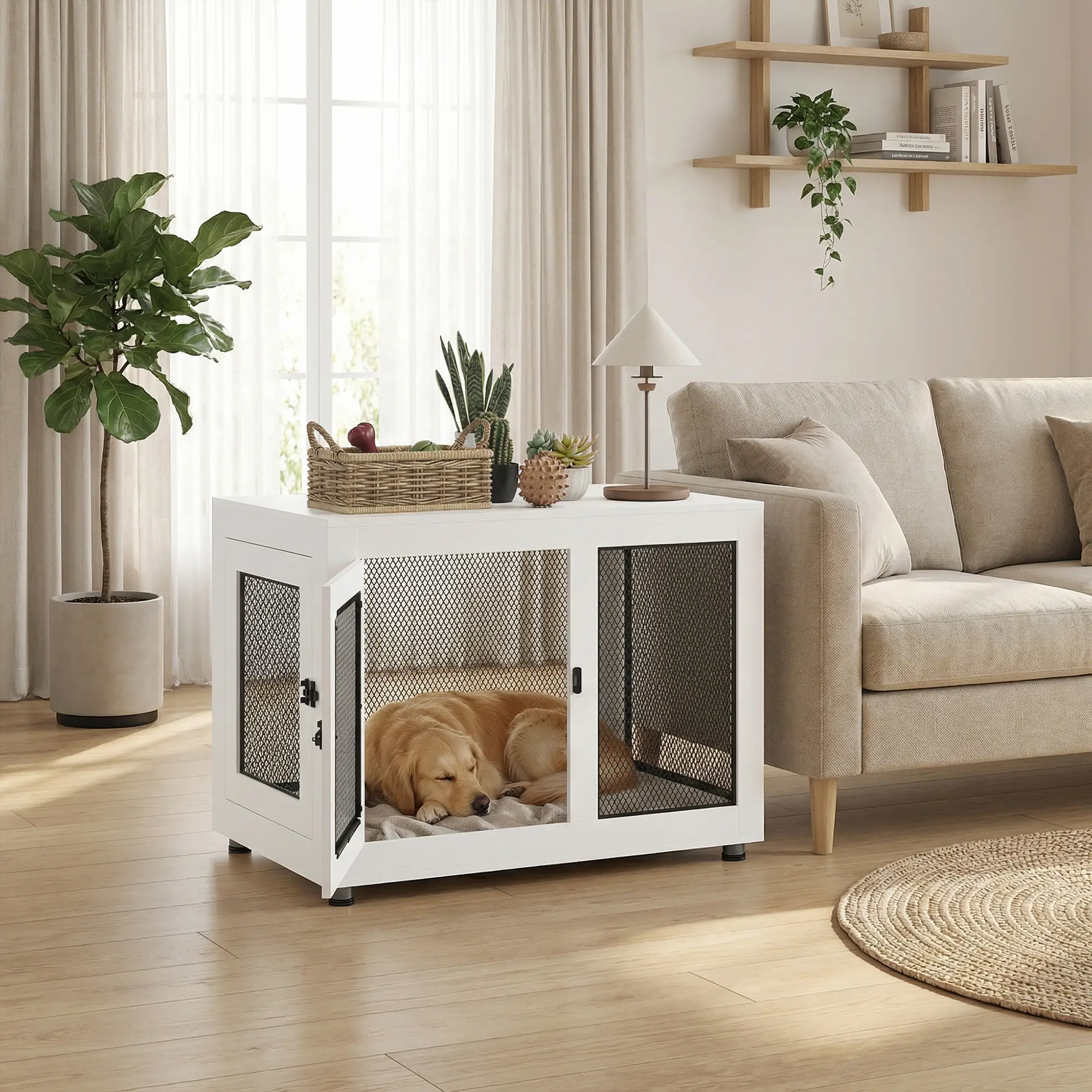 Pet Crate End Table, Water-resistant Cushion, Large Medium Dogs, White - Image 8