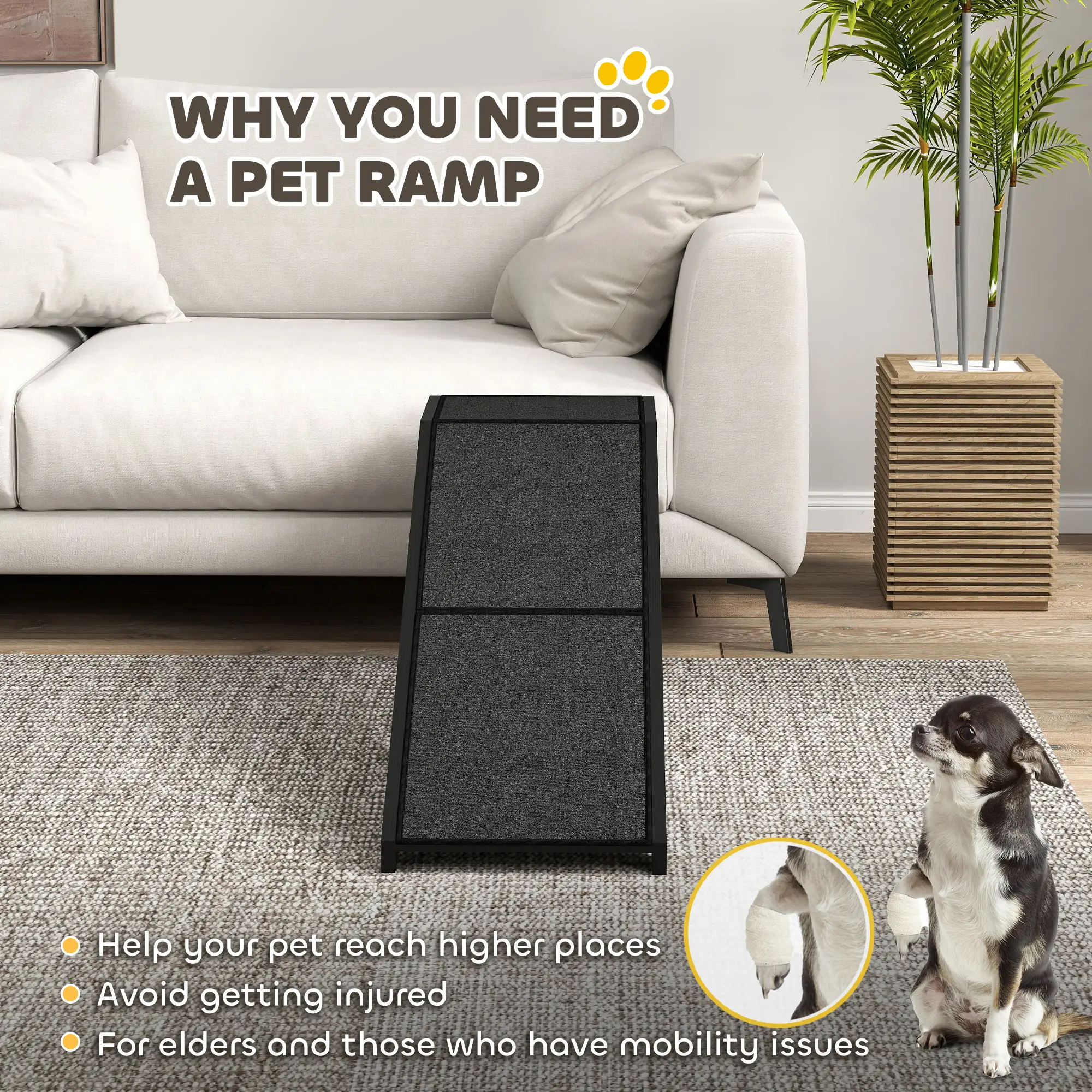 Pet Ramp Bed Steps, Non-Slip Carpet Top, Pine Wood, 59"L x 16"W x 20"H, Black - Image 5