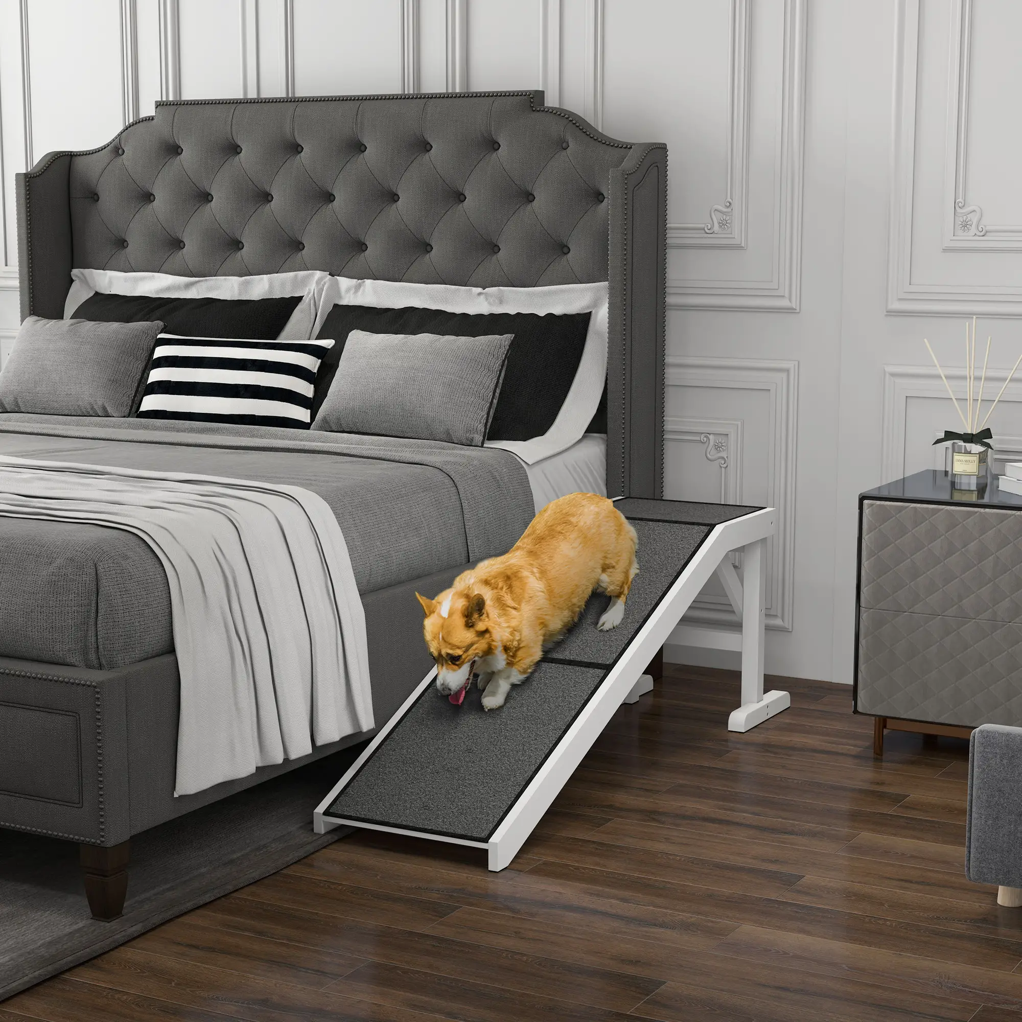 Pet Ramp Bed Steps, Non-Slip Carpet Top, Pine Wood, 59"L x 16"W x 20"H, White - Image 2