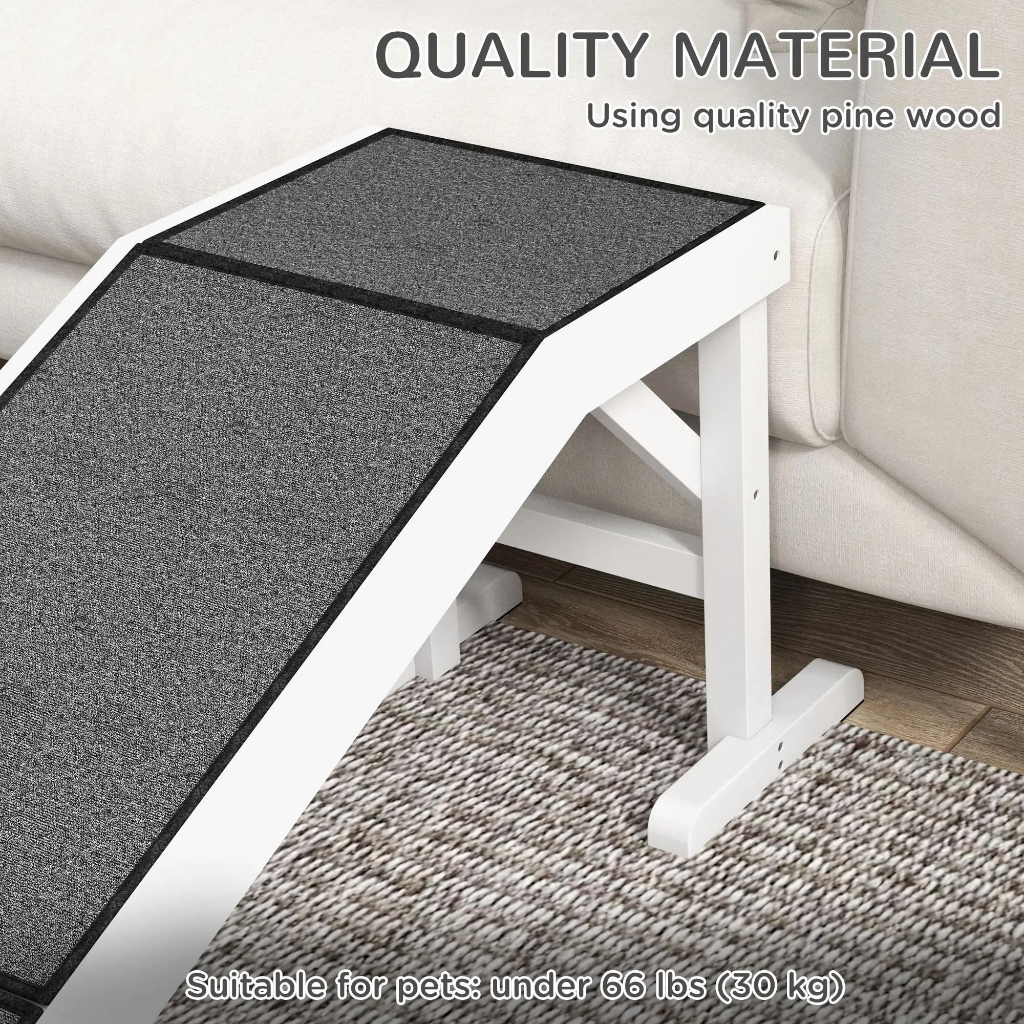 Pet Ramp Bed Steps, Non-Slip Carpet Top, Pine Wood, 59"L x 16"W x 20"H, White - Image 4