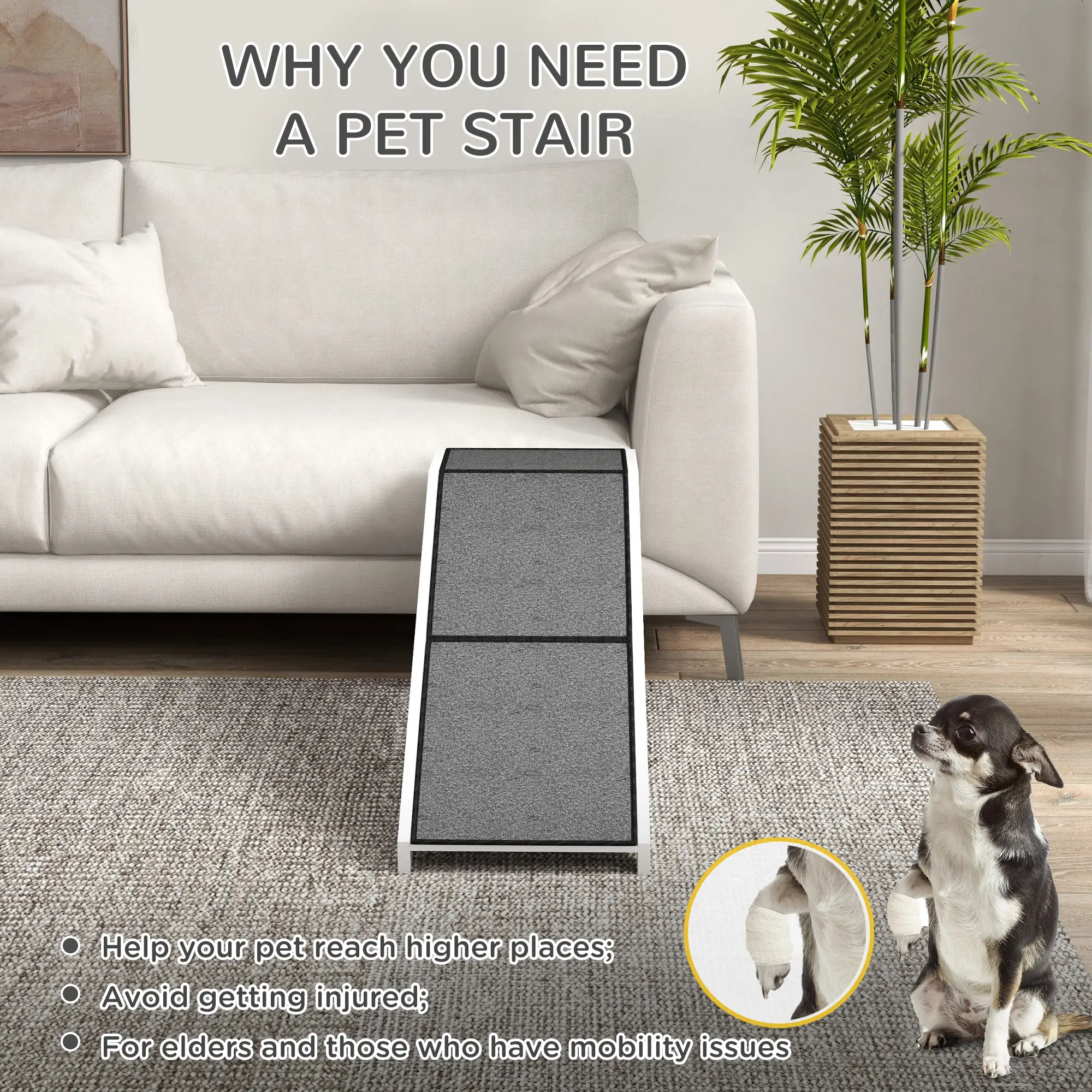 Pet Ramp Bed Steps, Non-Slip Carpet Top, Pine Wood, 59"L x 16"W x 20"H, White - Image 5
