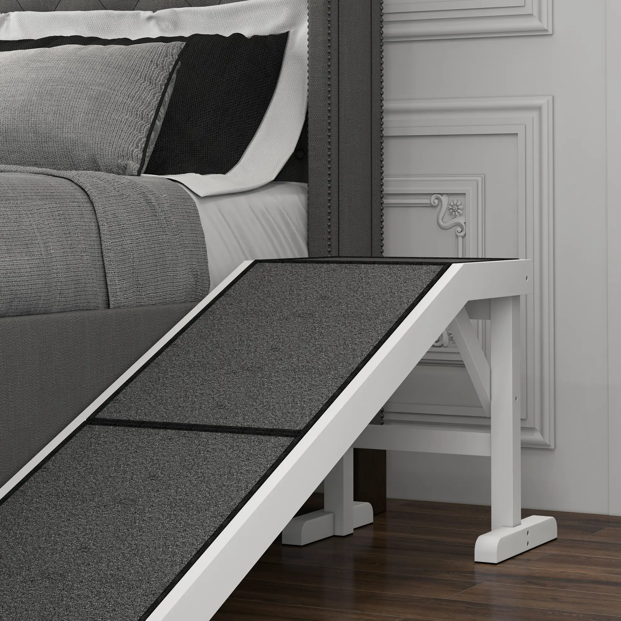 Pet Ramp Bed Steps, Non-Slip Carpet Top, Pine Wood, 59"L x 16"W x 20"H, White - Image 7