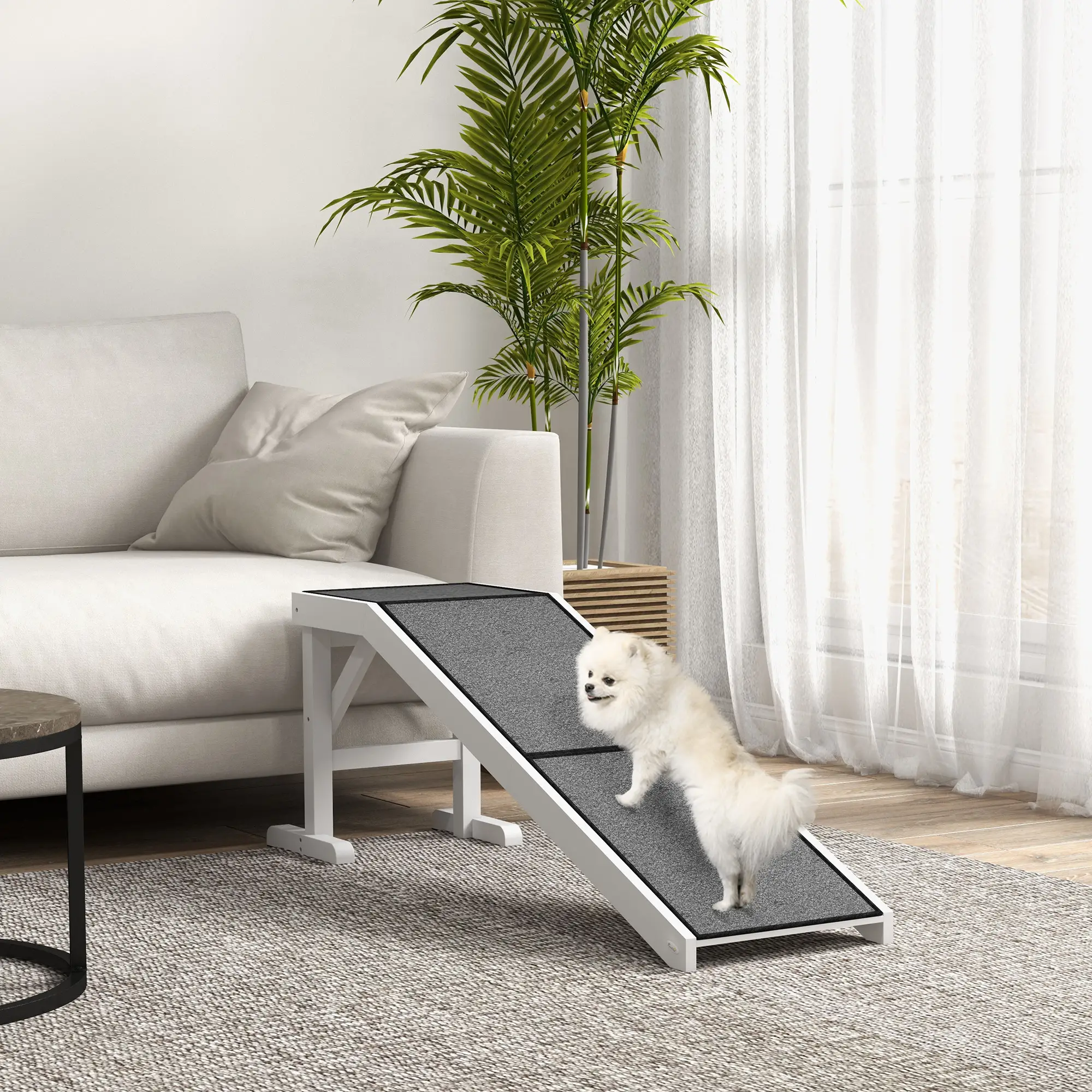 Pet Ramp Bed Steps, Non-Slip Carpet Top, Pine Wood, 59"L x 16"W x 20"H, White - Image 8