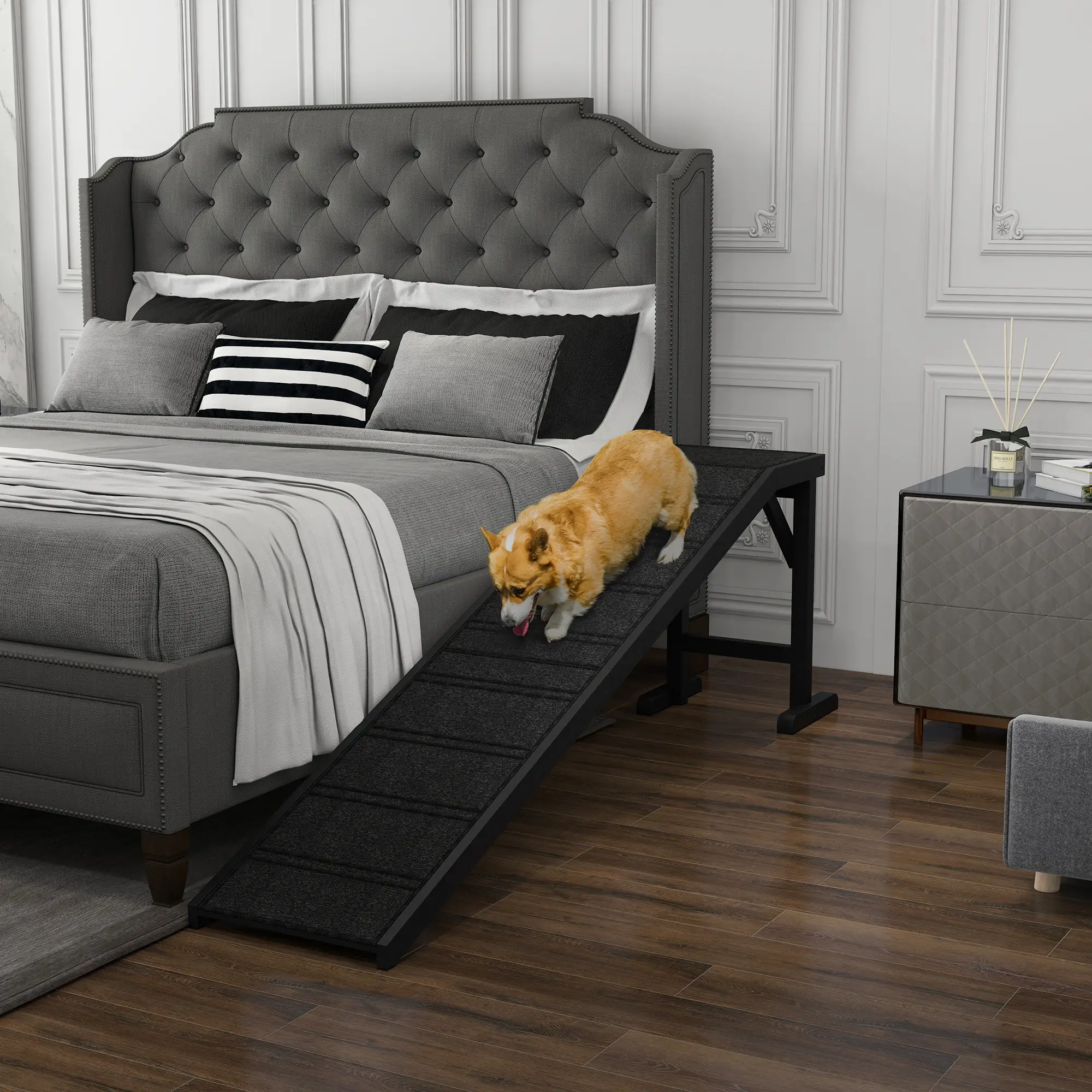 Pet Ramp Bed Steps, Non-Slip Carpet Top, Pine Wood, 74"L x 16"W x 25"H, Black - Image 2
