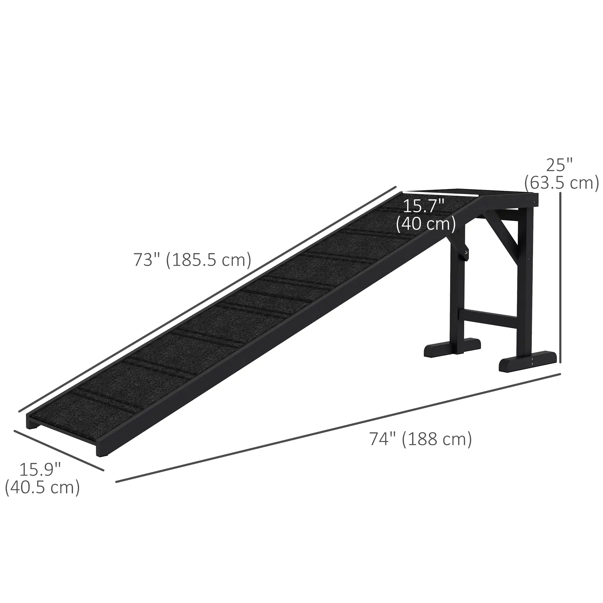 Pet Ramp Bed Steps, Non-Slip Carpet Top, Pine Wood, 74"L x 16"W x 25"H, Black - Image 3