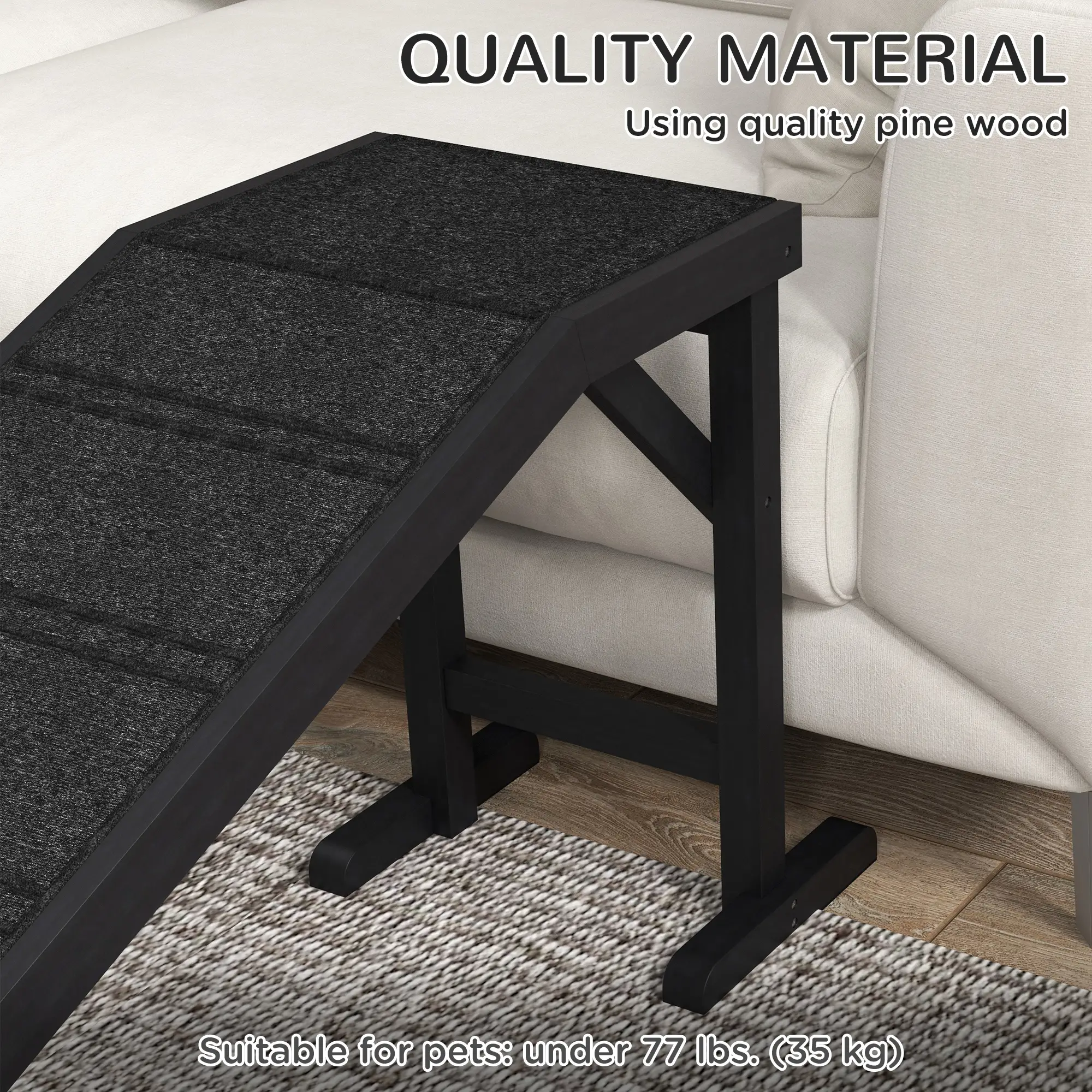 Pet Ramp Bed Steps, Non-Slip Carpet Top, Pine Wood, 74"L x 16"W x 25"H, Black - Image 4