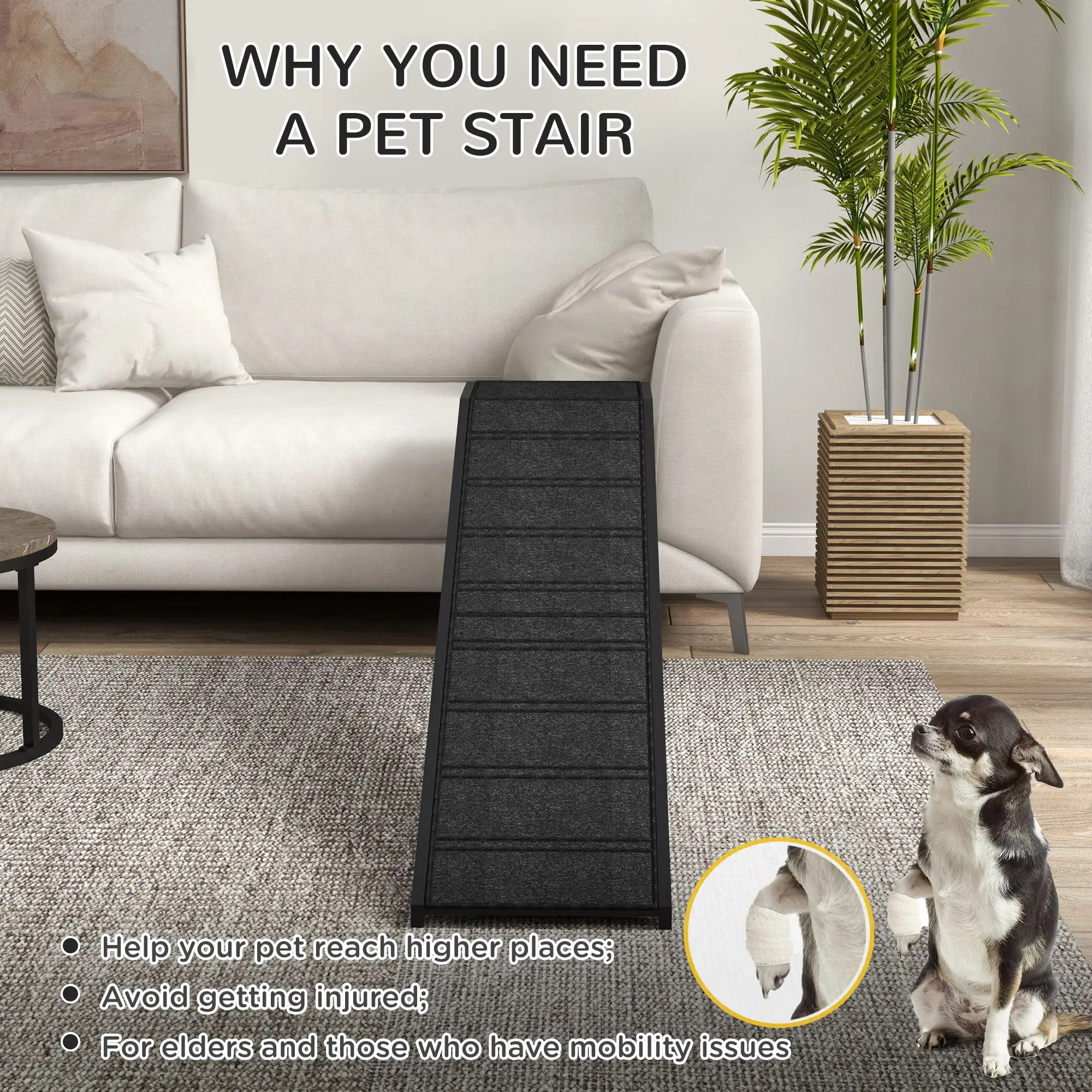 Pet Ramp Bed Steps, Non-Slip Carpet Top, Pine Wood, 74"L x 16"W x 25"H, Black - Image 5