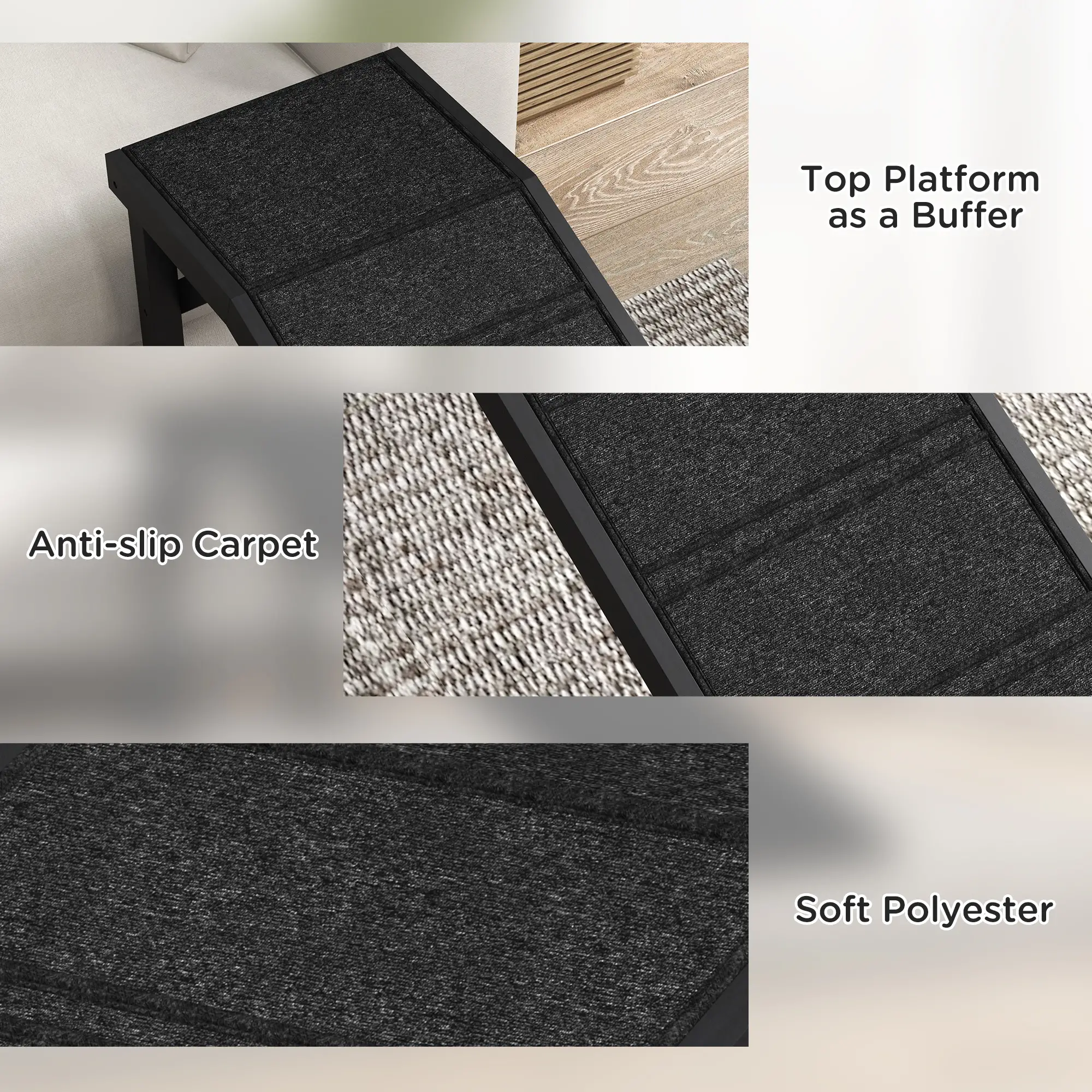 Pet Ramp Bed Steps, Non-Slip Carpet Top, Pine Wood, 74"L x 16"W x 25"H, Black - Image 6