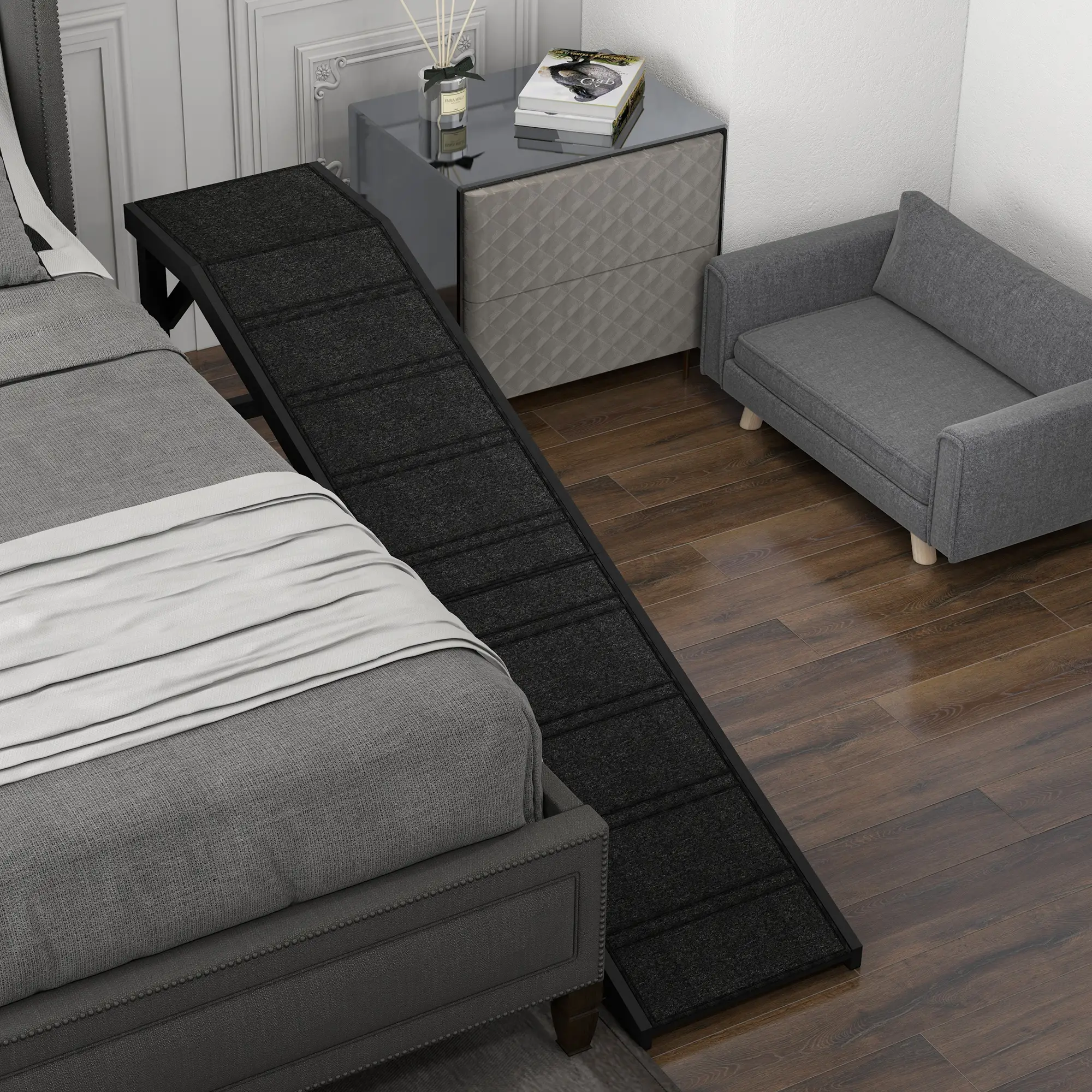 Pet Ramp Bed Steps, Non-Slip Carpet Top, Pine Wood, 74"L x 16"W x 25"H, Black - Image 7