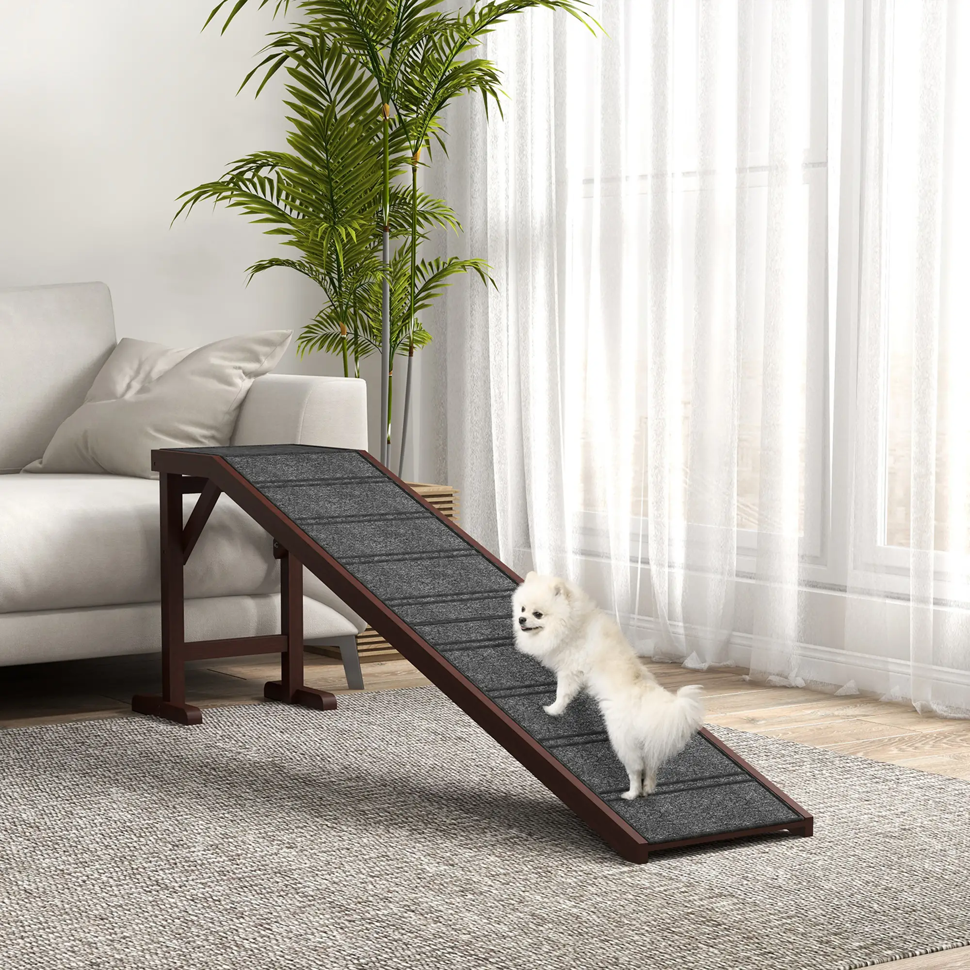 Pet Ramp Bed Steps, Non-Slip Carpet Top, Pine Wood, 74"L x 16"W x 25"H, Brown - Image 2