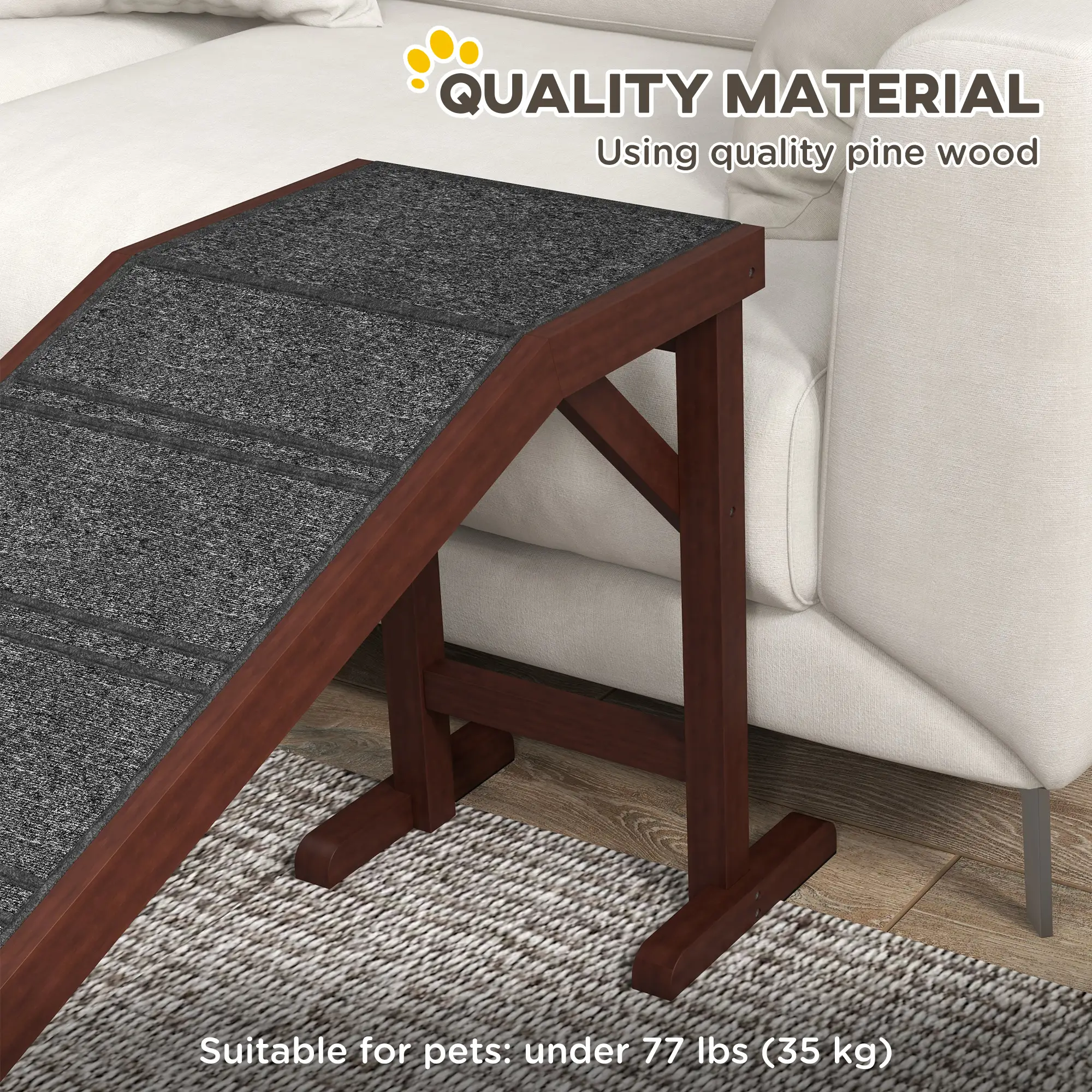 Pet Ramp Bed Steps, Non-Slip Carpet Top, Pine Wood, 74"L x 16"W x 25"H, Brown - Image 4