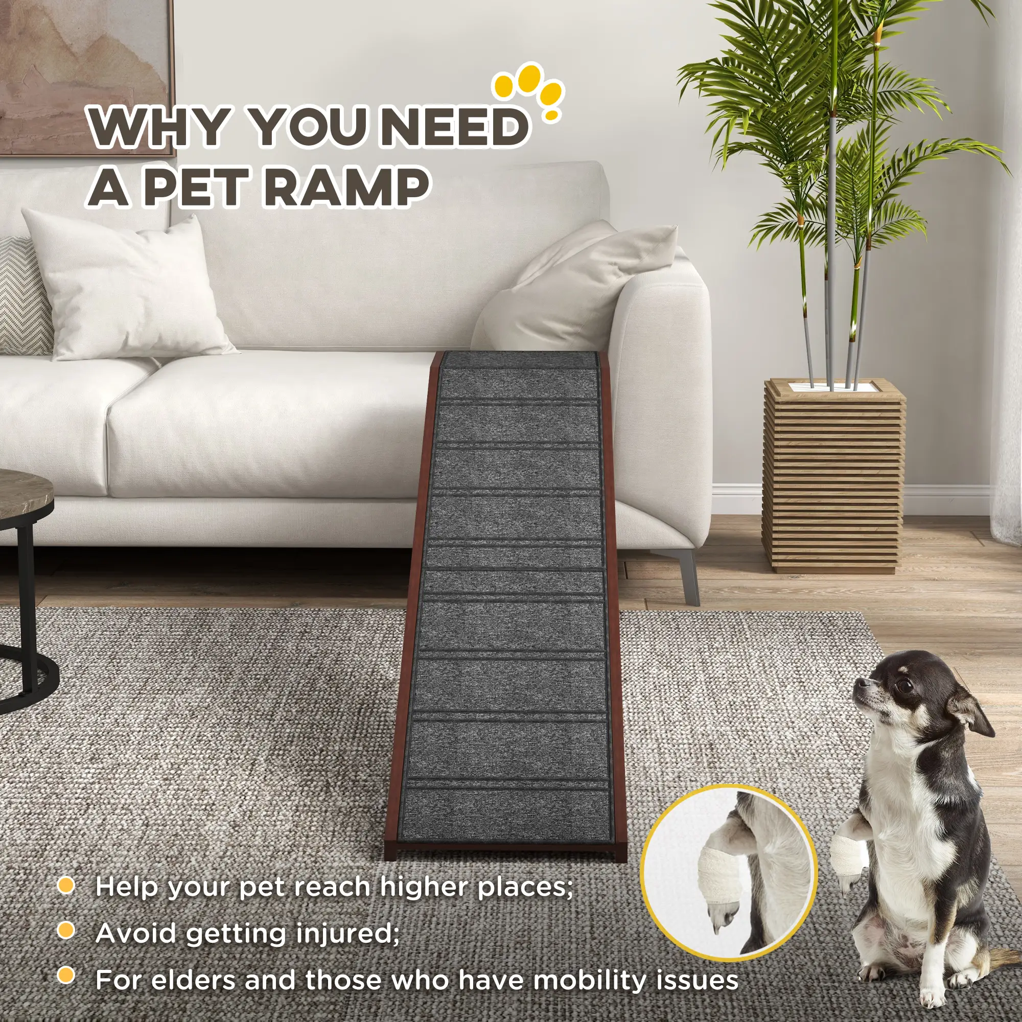 Pet Ramp Bed Steps, Non-Slip Carpet Top, Pine Wood, 74"L x 16"W x 25"H, Brown - Image 5