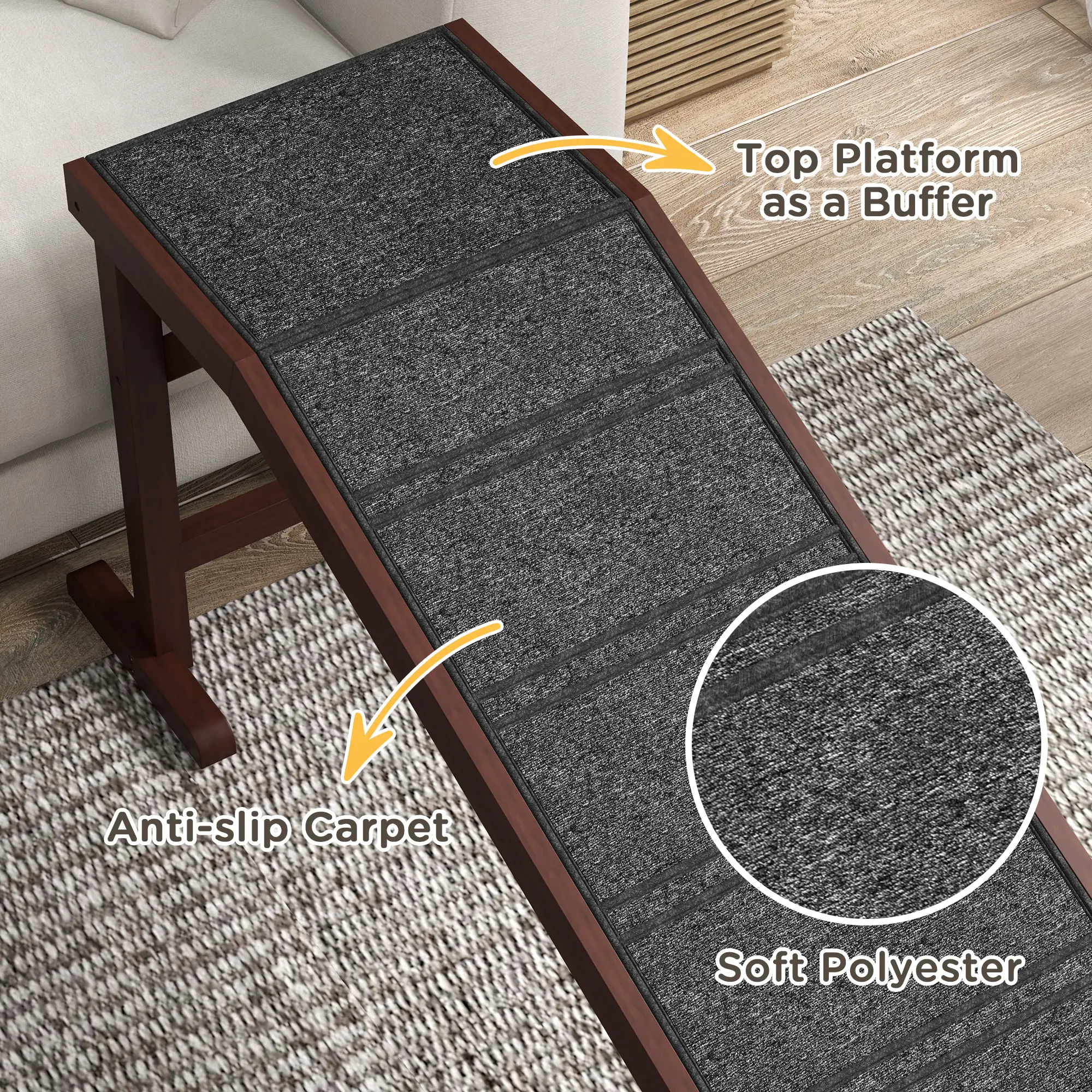 Pet Ramp Bed Steps, Non-Slip Carpet Top, Pine Wood, 74"L x 16"W x 25"H, Brown - Image 6