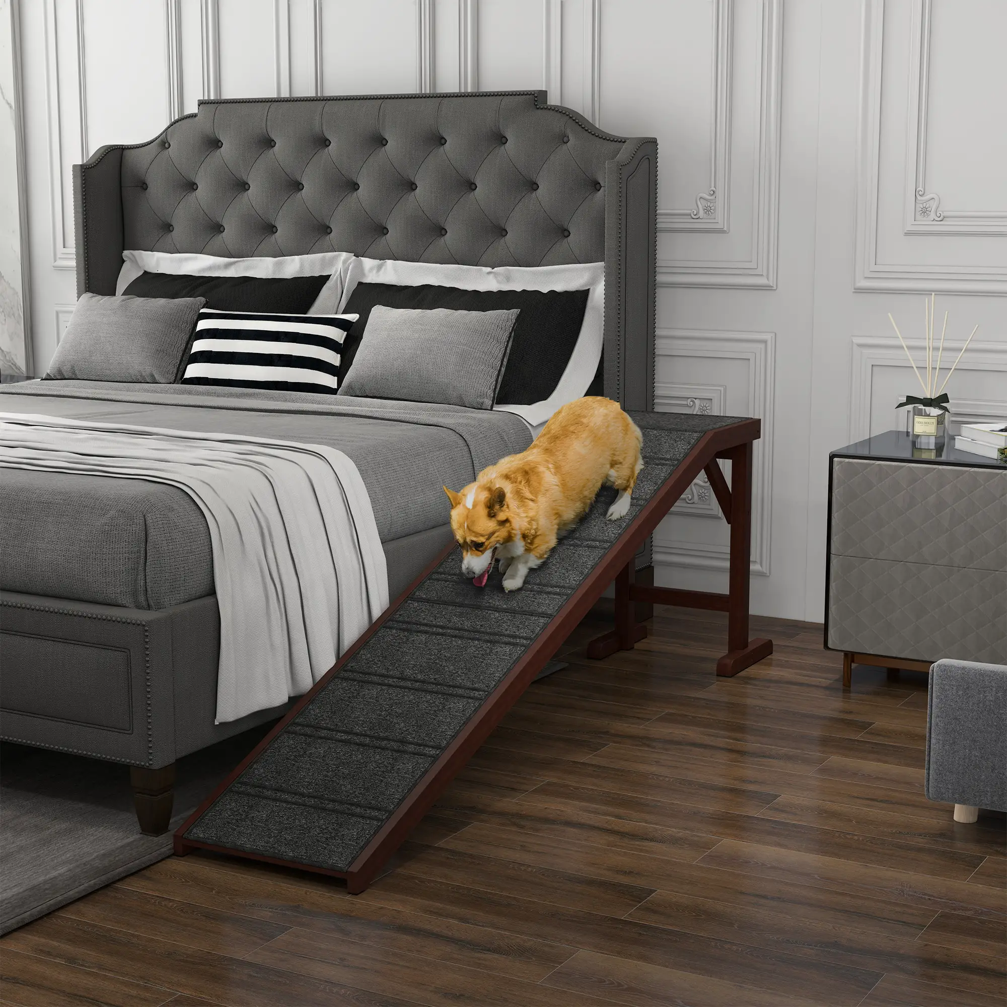 Pet Ramp Bed Steps, Non-Slip Carpet Top, Pine Wood, 74"L x 16"W x 25"H, Brown - Image 8