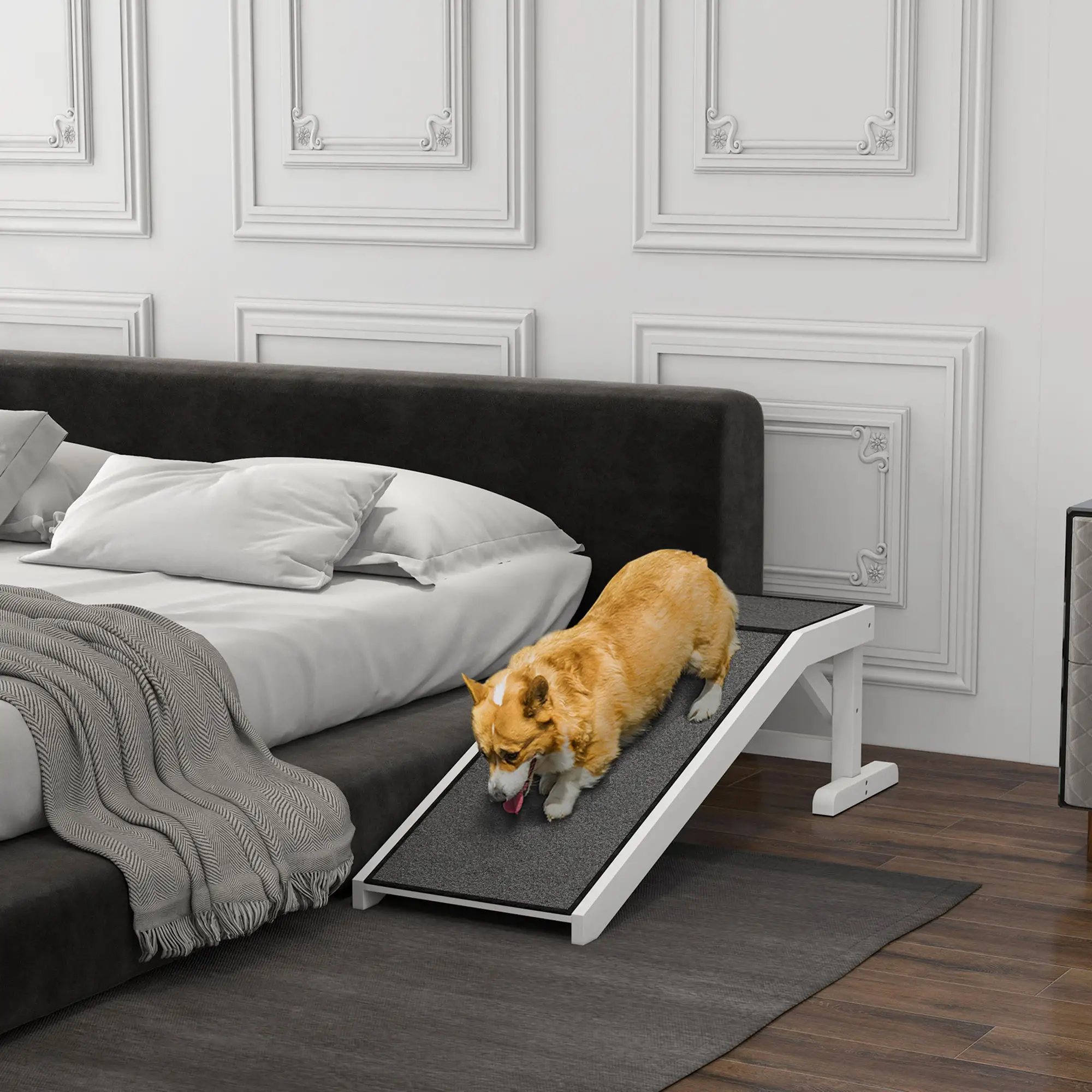 Pet Ramp, Dog Cat Bed Steps, Non-Slip Carpet, 49"L x 16"W x 14"H, White Grey - Image 2