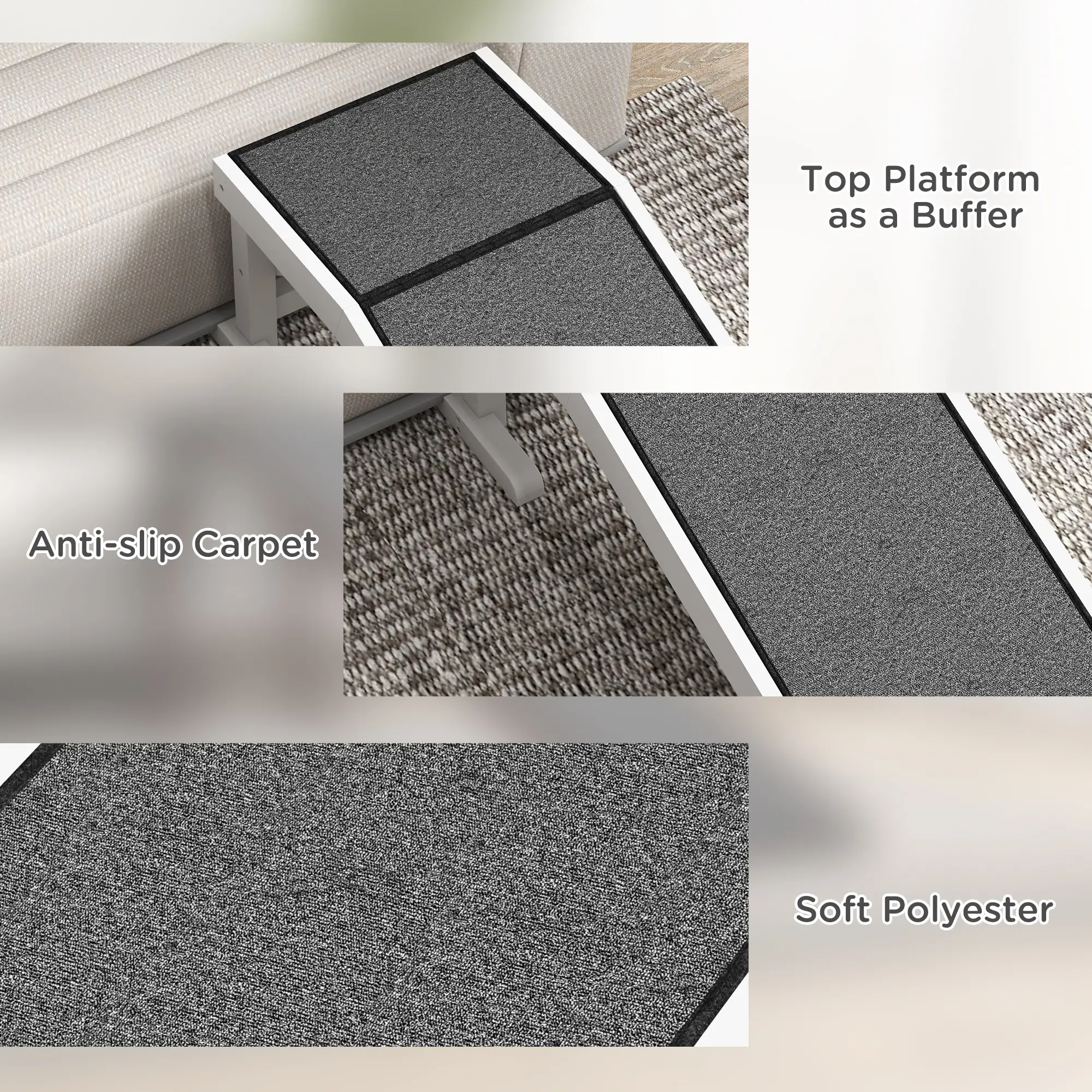 Pet Ramp, Dog Cat Bed Steps, Non-Slip Carpet, 49"L x 16"W x 14"H, White Grey - Image 6