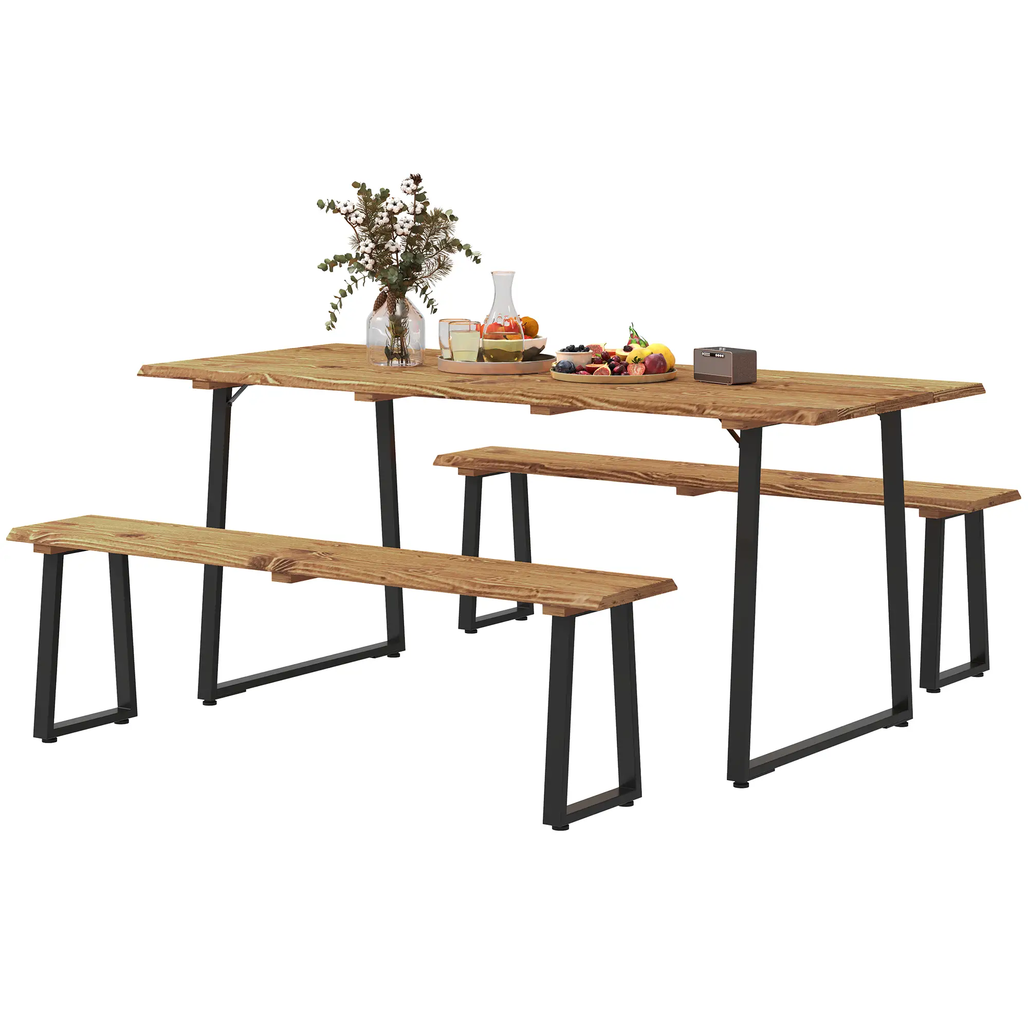 Picnic Table and Bench Set for 6, 2" Umbrella Hole, Steel Frame