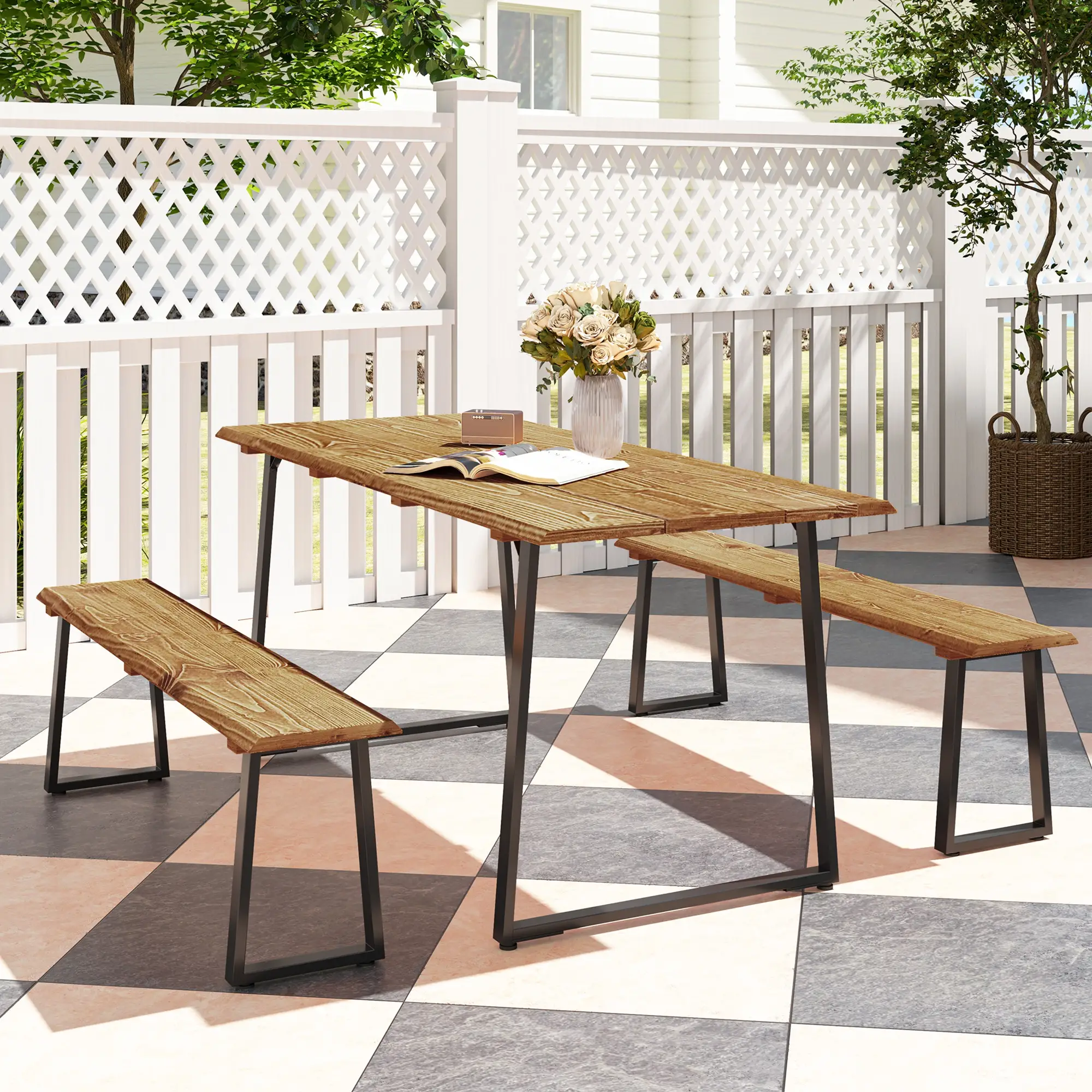 Picnic Table and Bench Set for 6, 2" Umbrella Hole, Steel Frame - Image 10