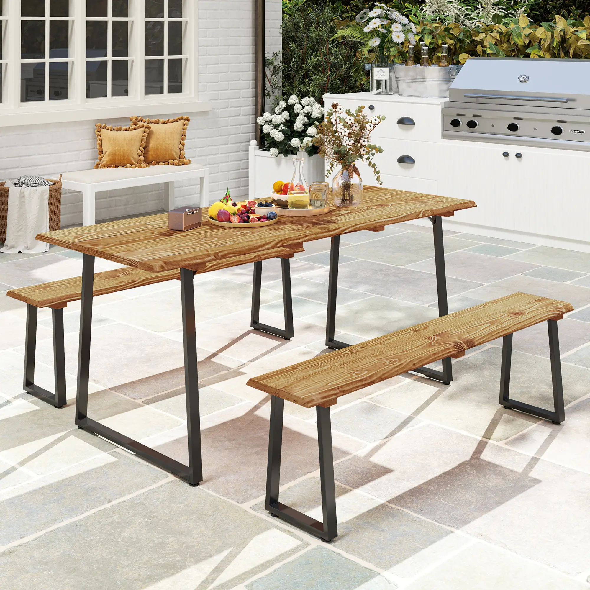 Picnic Table and Bench Set for 6, 2" Umbrella Hole, Steel Frame - Image 2