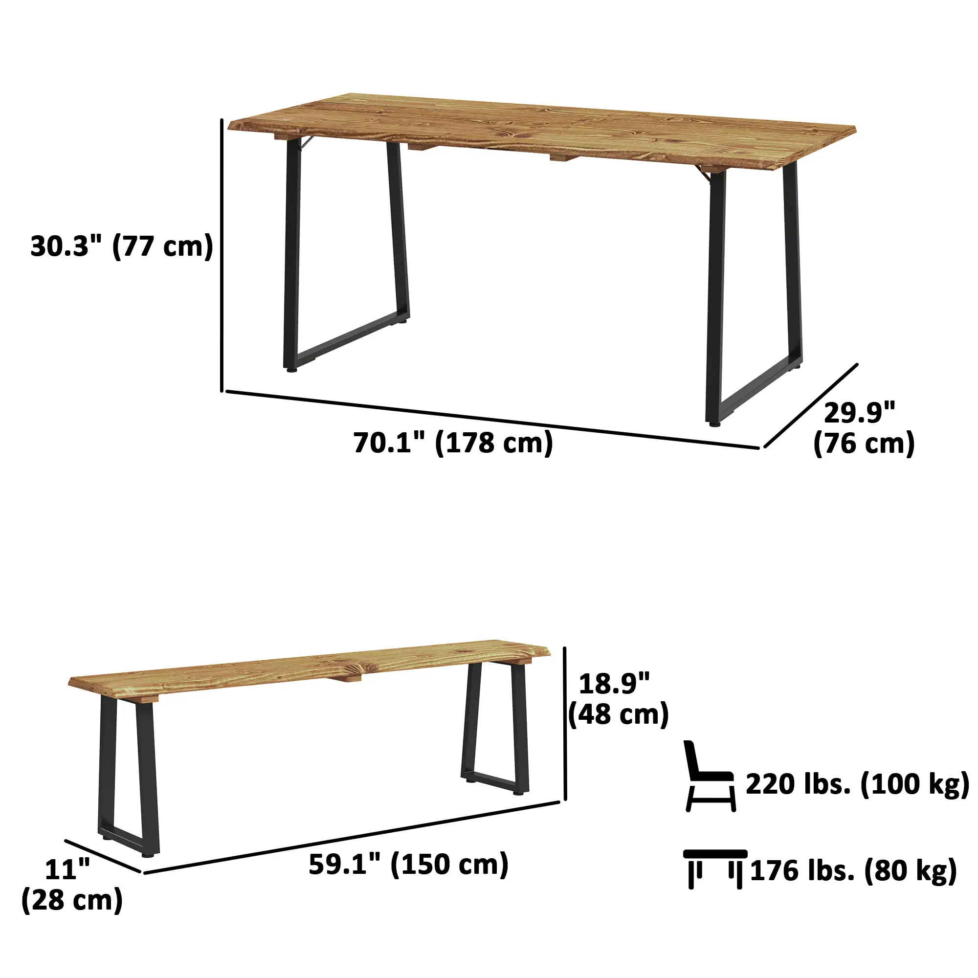 Picnic Table and Bench Set for 6, 2" Umbrella Hole, Steel Frame - Image 3