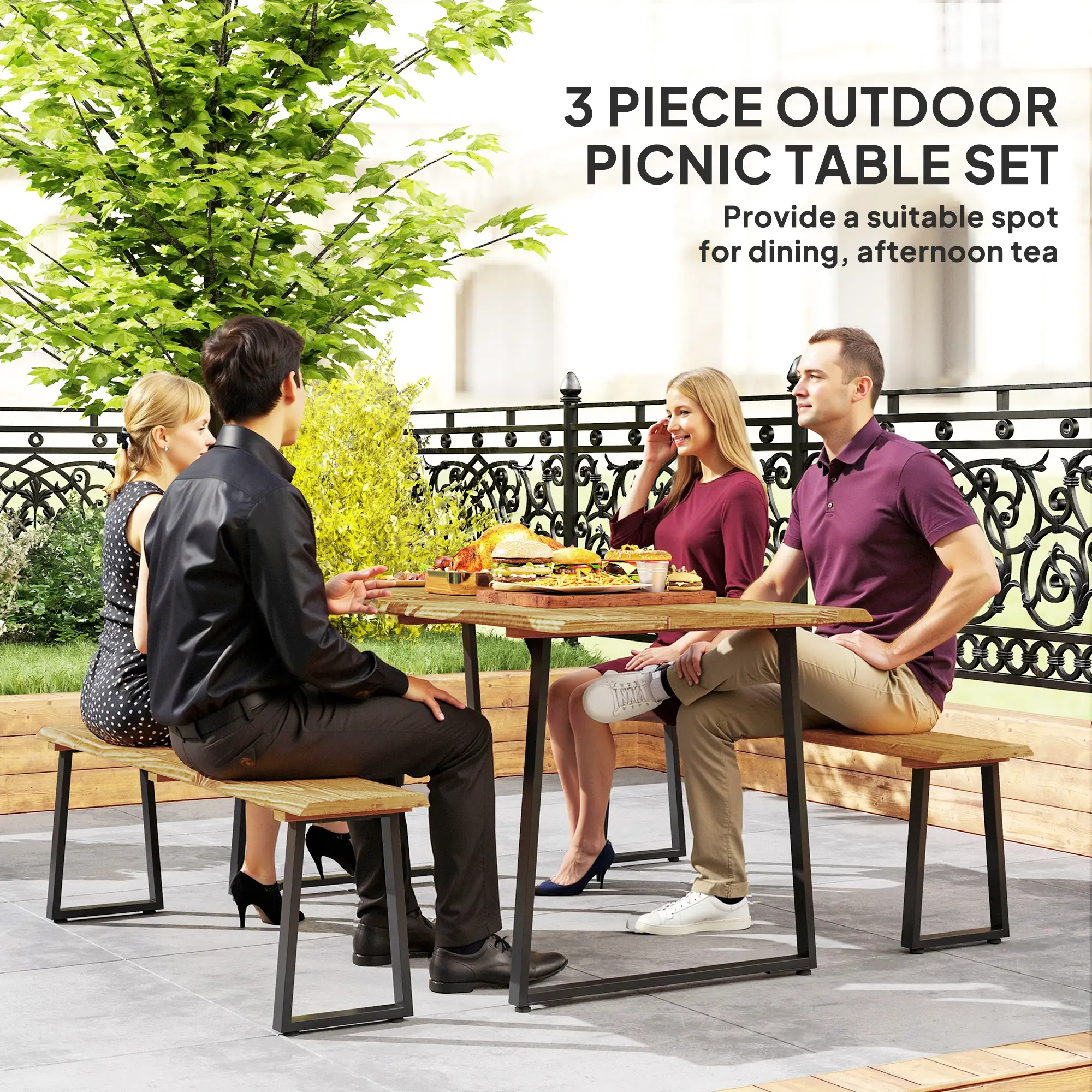 Picnic Table and Bench Set for 6, 2" Umbrella Hole, Steel Frame - Image 4