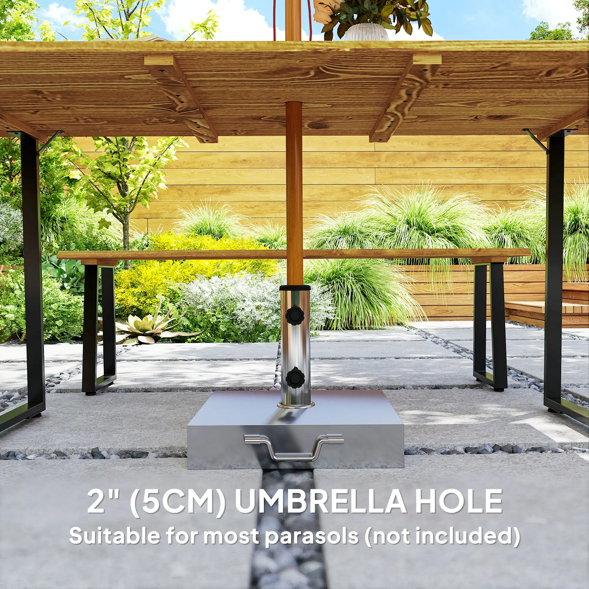 Picnic Table and Bench Set for 6, 2" Umbrella Hole, Steel Frame - Image 6
