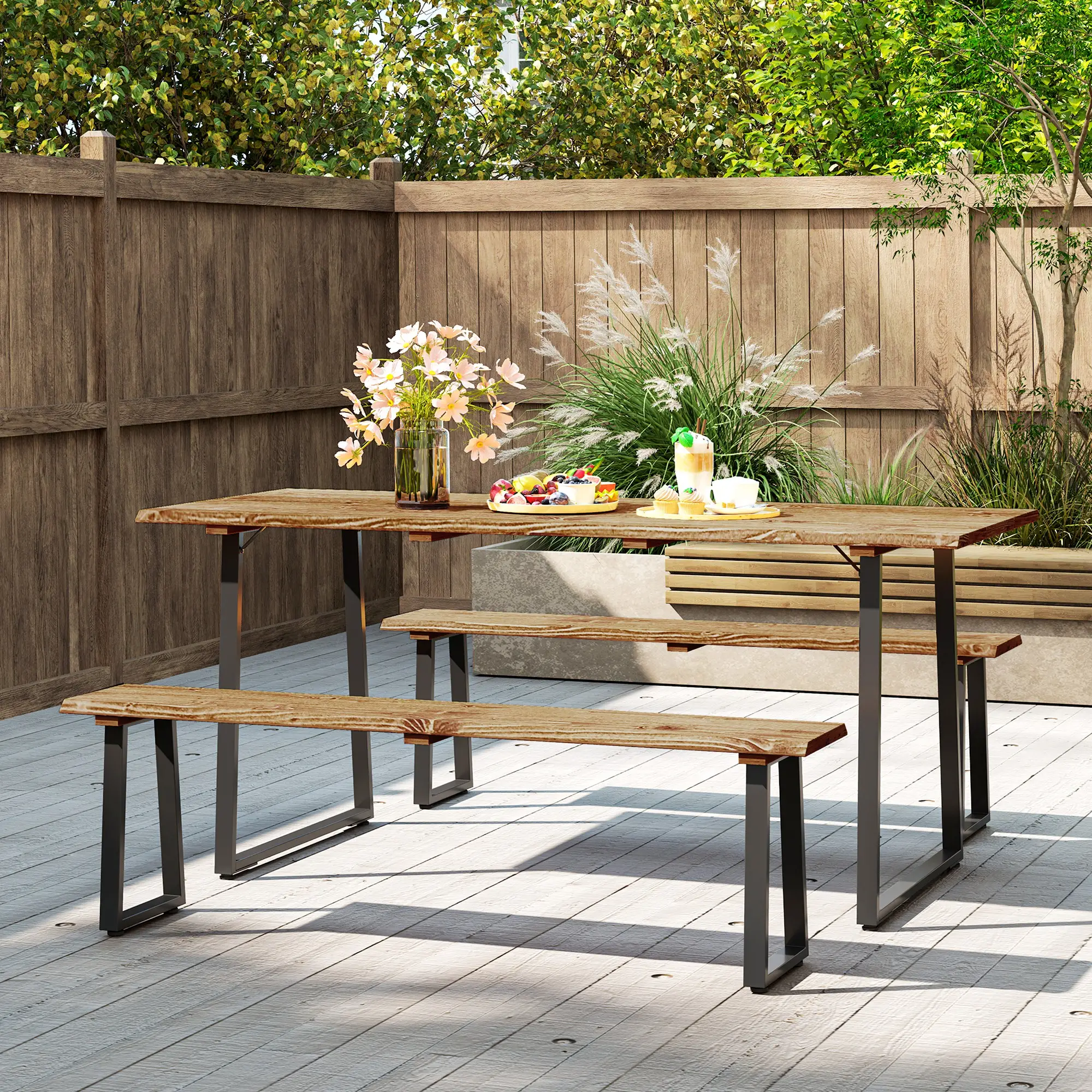 Picnic Table and Bench Set for 6, 2" Umbrella Hole, Steel Frame - Image 7