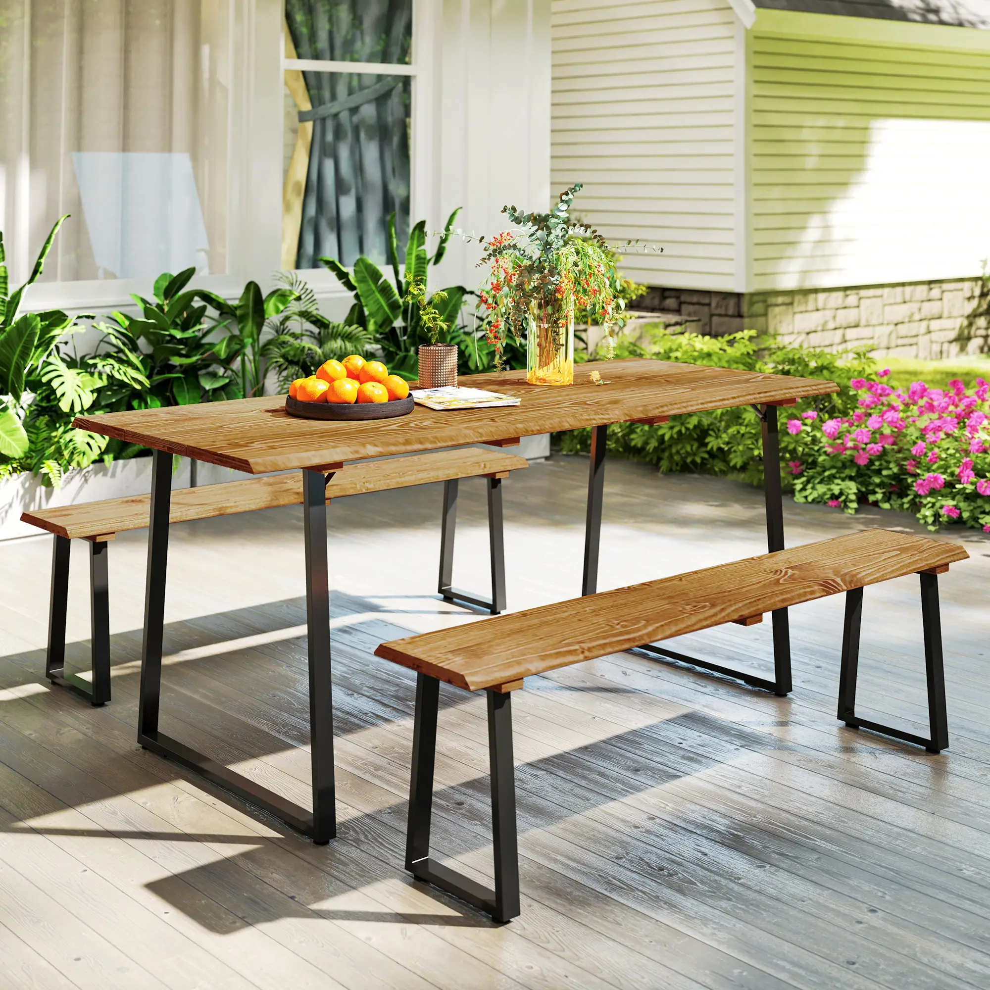 Picnic Table and Bench Set for 6, 2" Umbrella Hole, Steel Frame - Image 8