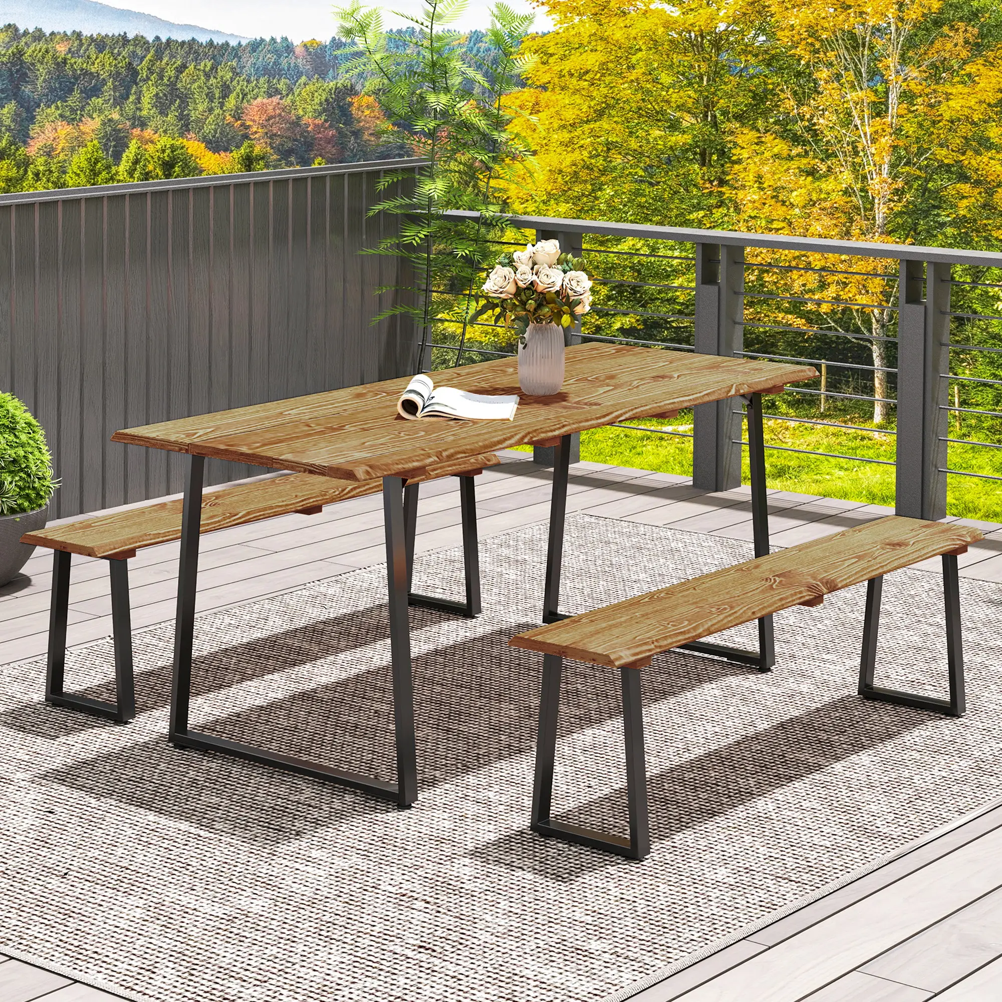Picnic Table and Bench Set for 6, 2" Umbrella Hole, Steel Frame - Image 9