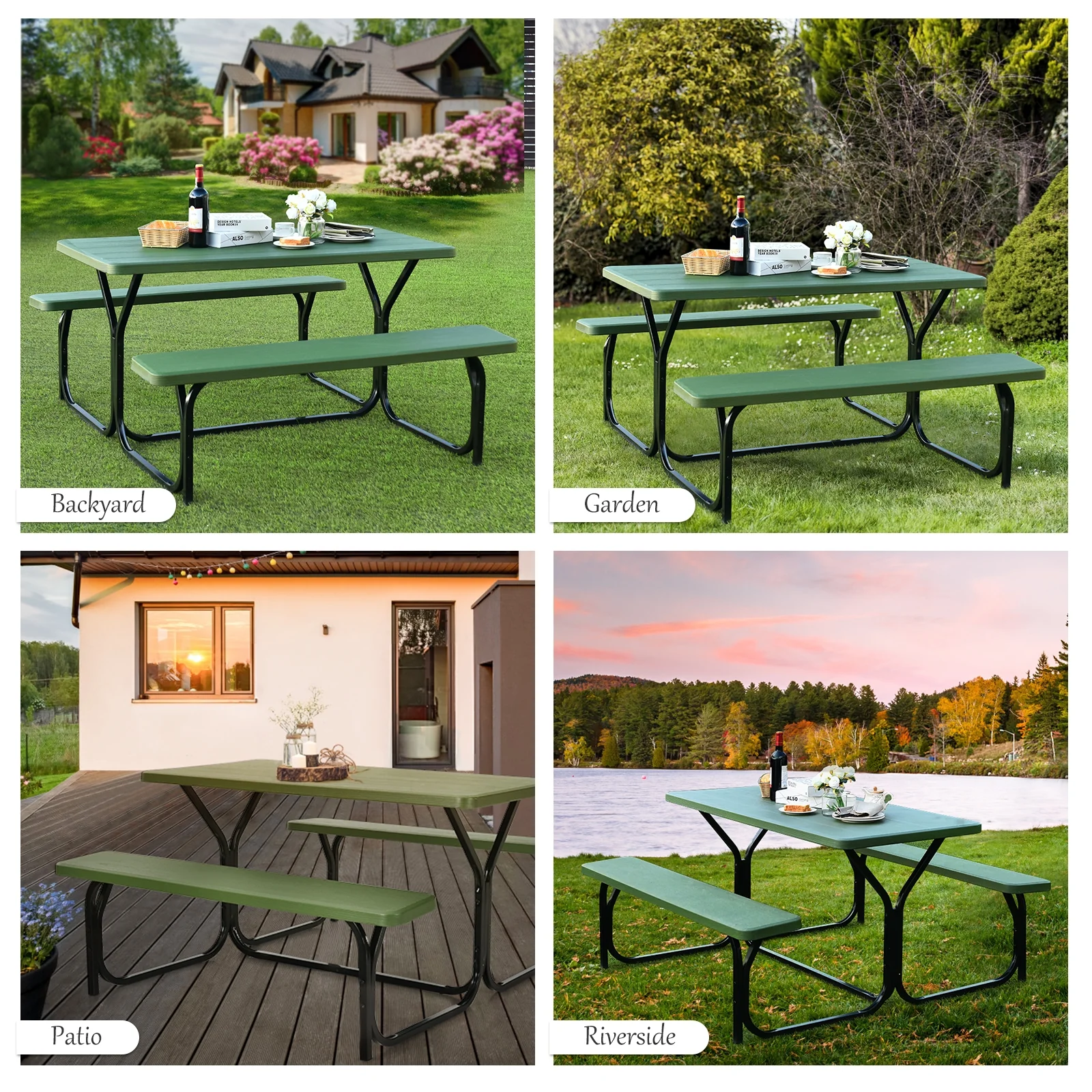 Picnic Table Bench Set, Outdoor Camping, Green - Image 9
