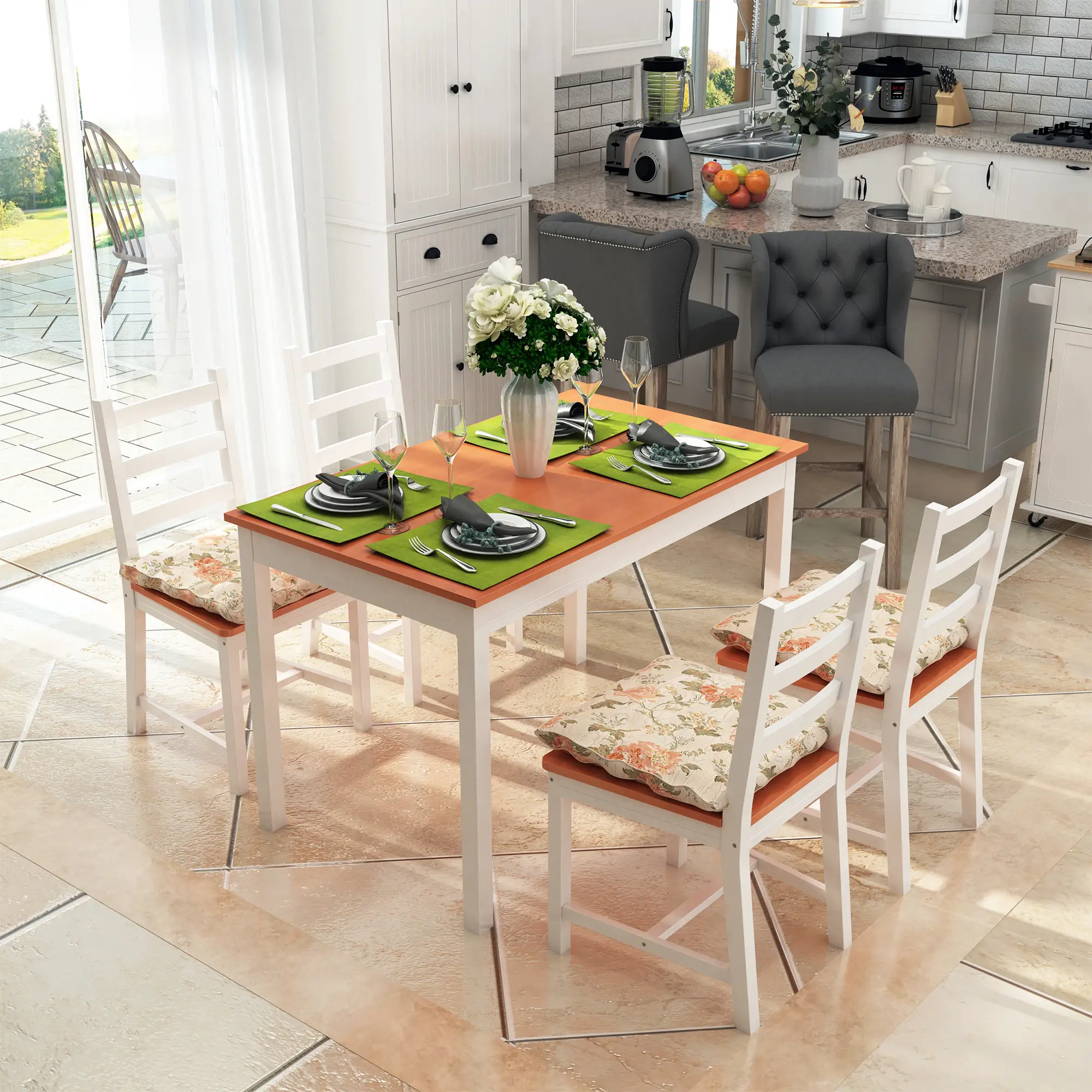 Pine Wood Dining Table Set for 4, 5 Piece, White and Natural Wood, White, Natural Wood - Image 2