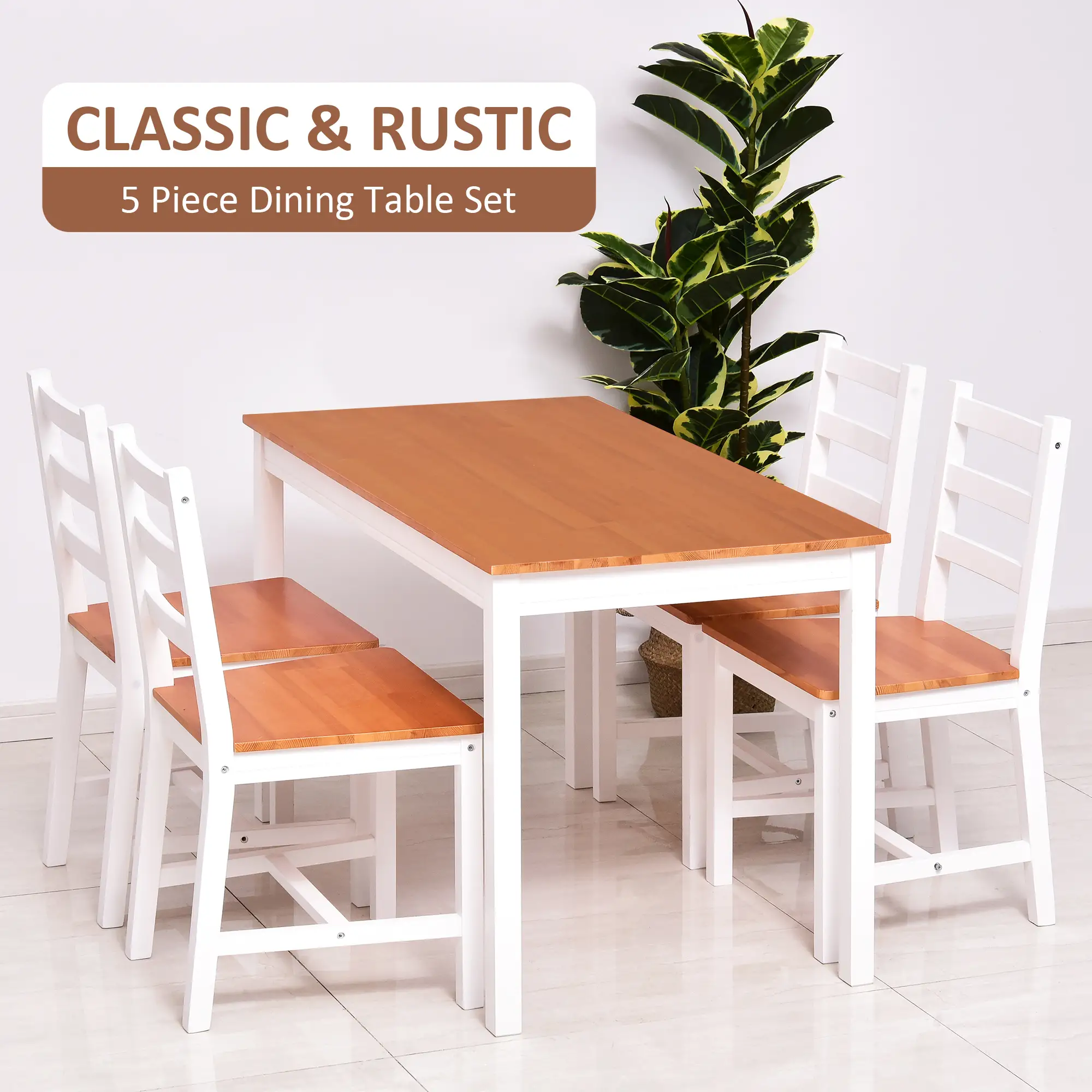 Pine Wood Dining Table Set for 4, 5 Piece, White and Natural Wood, White, Natural Wood - Image 4