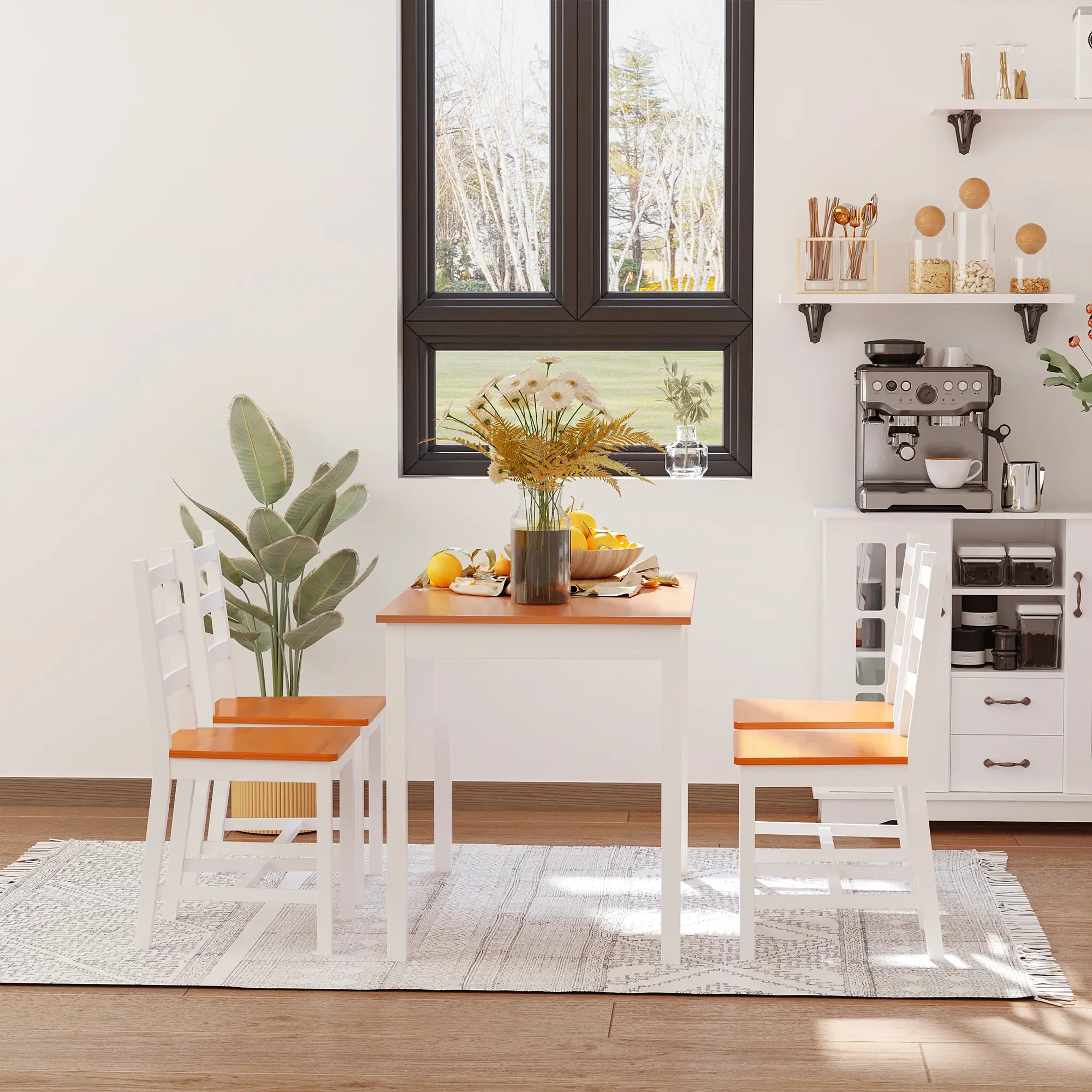 Pine Wood Dining Table Set for 4, 5 Piece, White and Natural Wood, White, Natural Wood - Image 7