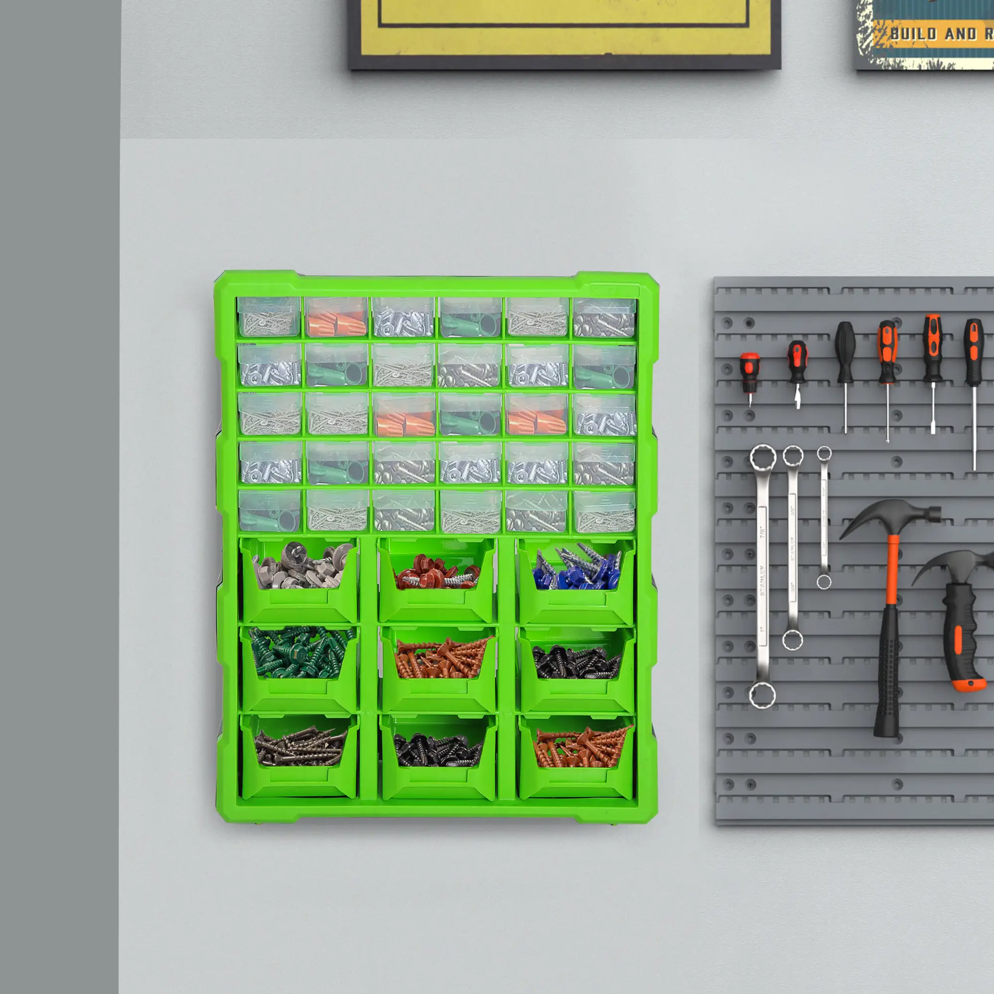 Plastic 39 Drawer Parts Organizer, Wall Mount Storage Cabinet, Green - Image 2