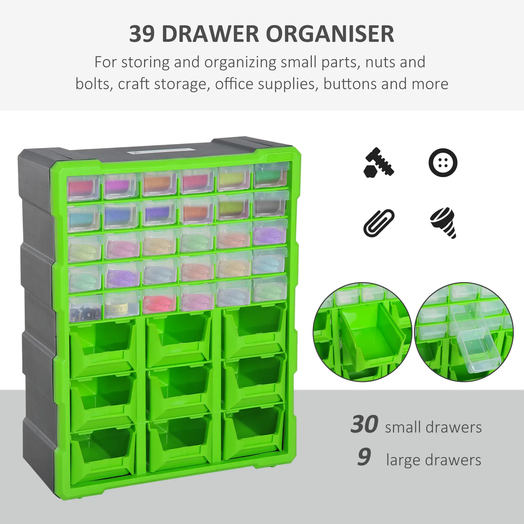 Plastic 39 Drawer Parts Organizer, Wall Mount Storage Cabinet, Green - Image 4